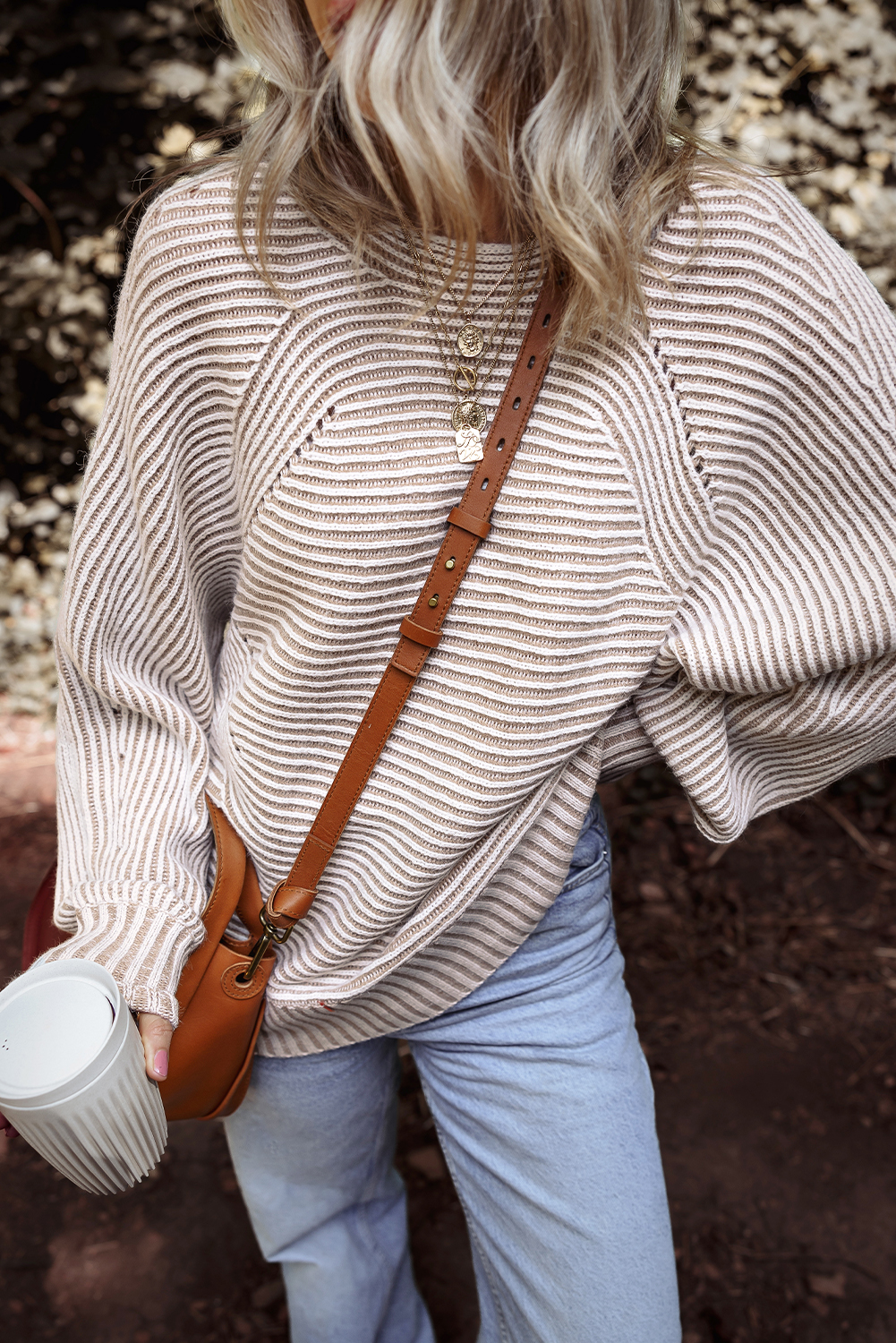 Coffee Striped Print Ribbed Knit Boat Neck Baggy Sweater - loveforevers