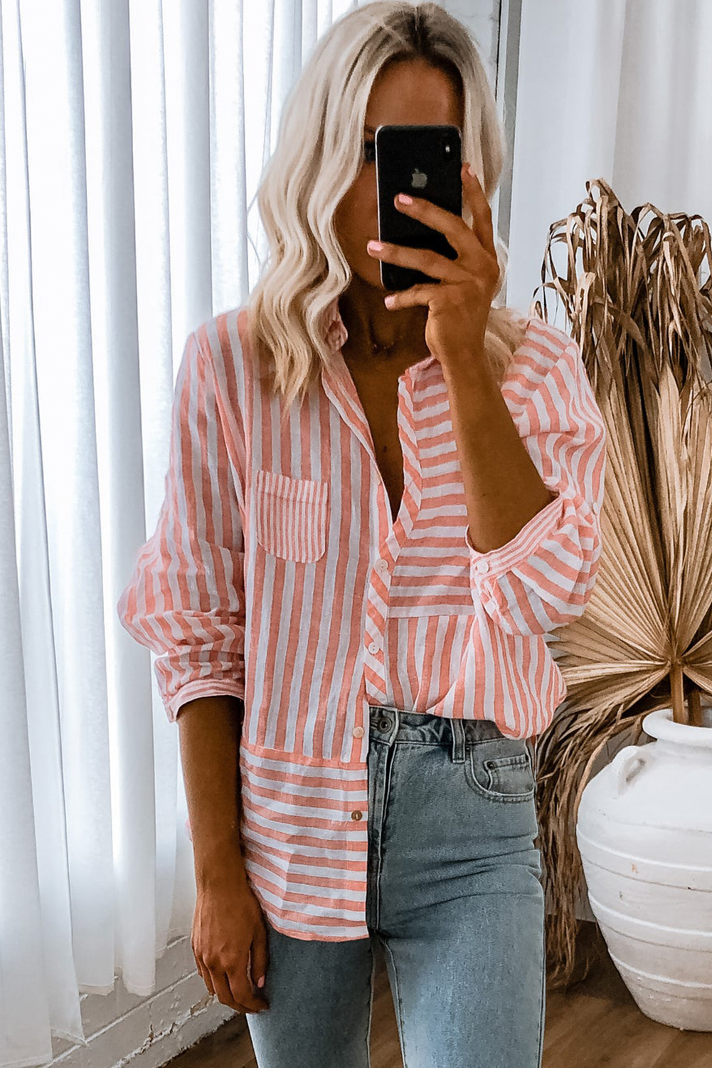 Pink Stripe Buttoned Long Sleeve Casual Shirt - loveforevers