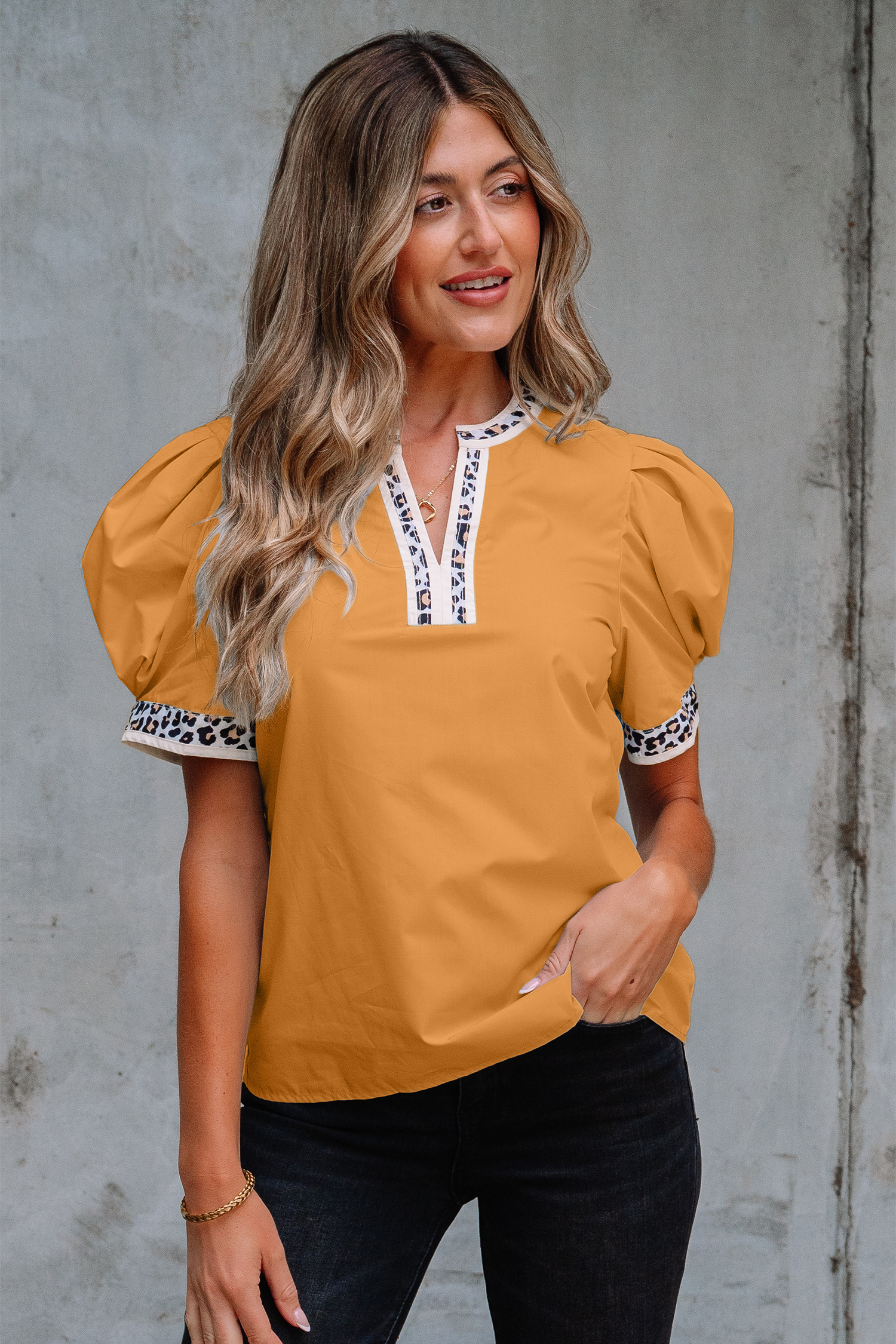 Buckskin Contrast Leopard Trim Split Neck Puff Sleeve Blouse - loveforevers