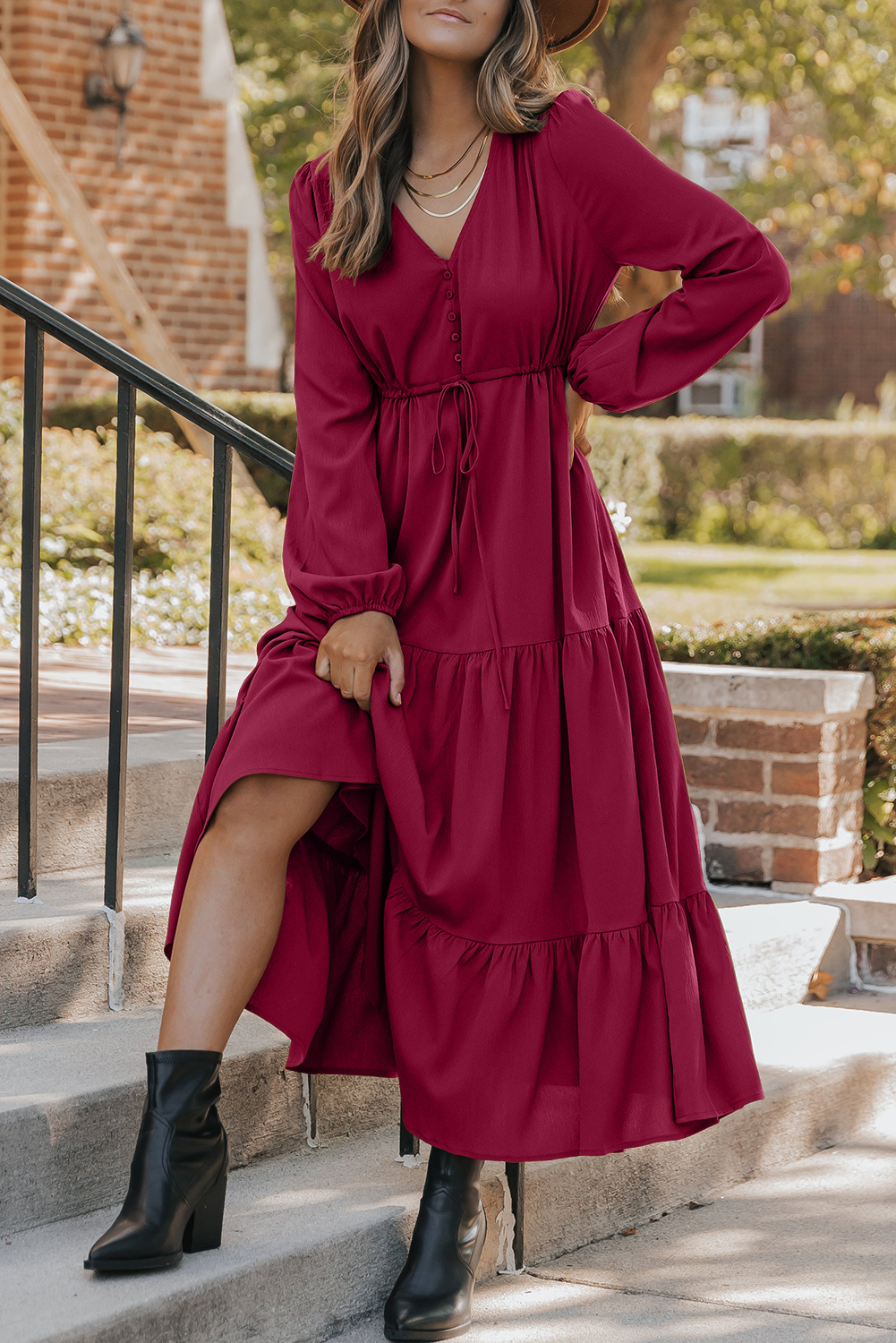 Blackish Green Solid Long Sleeve Button V Neck Tiered Maxi Dress - loveforevers