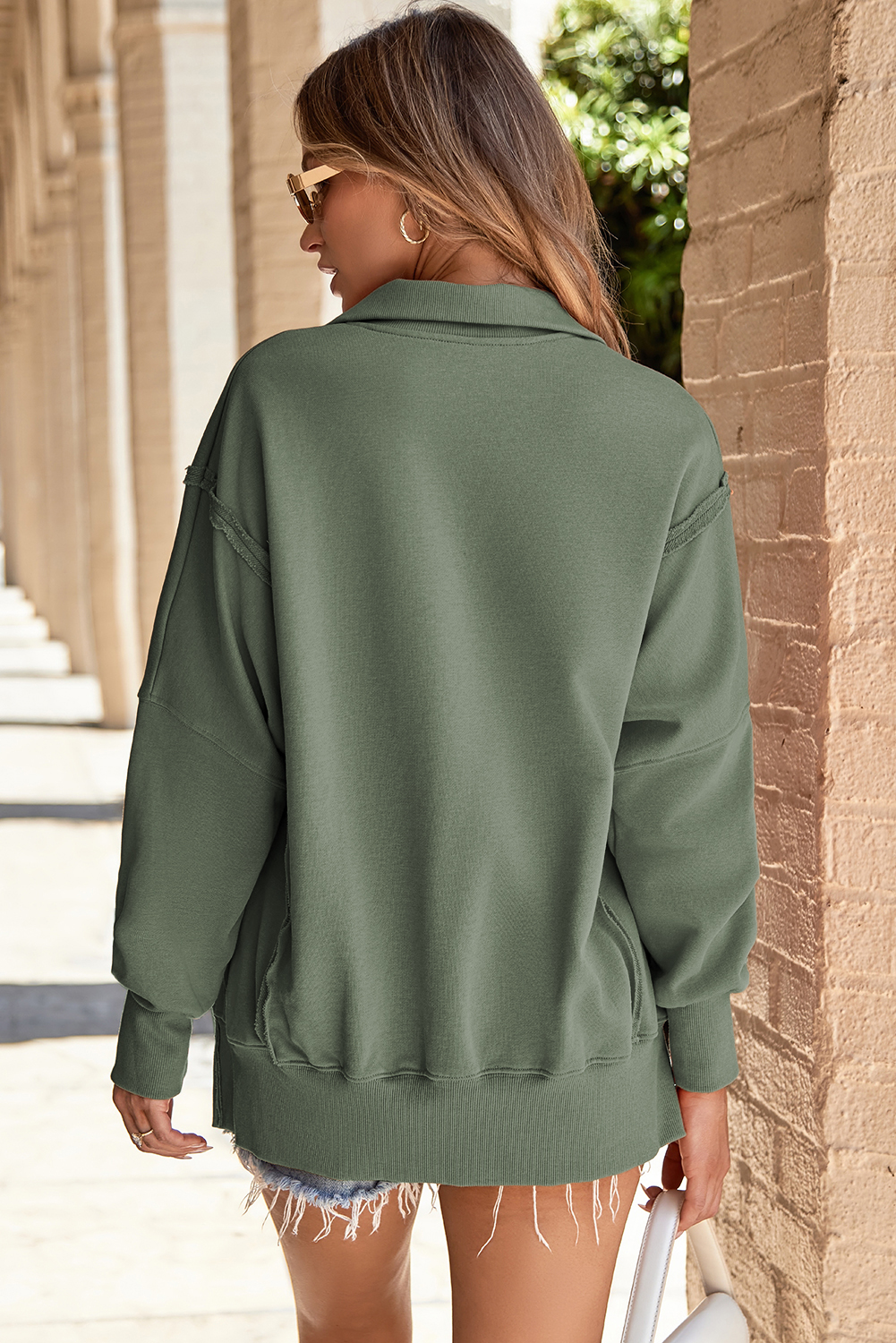 White Buttoned Collared Raw Detail High Low Baggy Sweatshirt with Slits - loveforevers