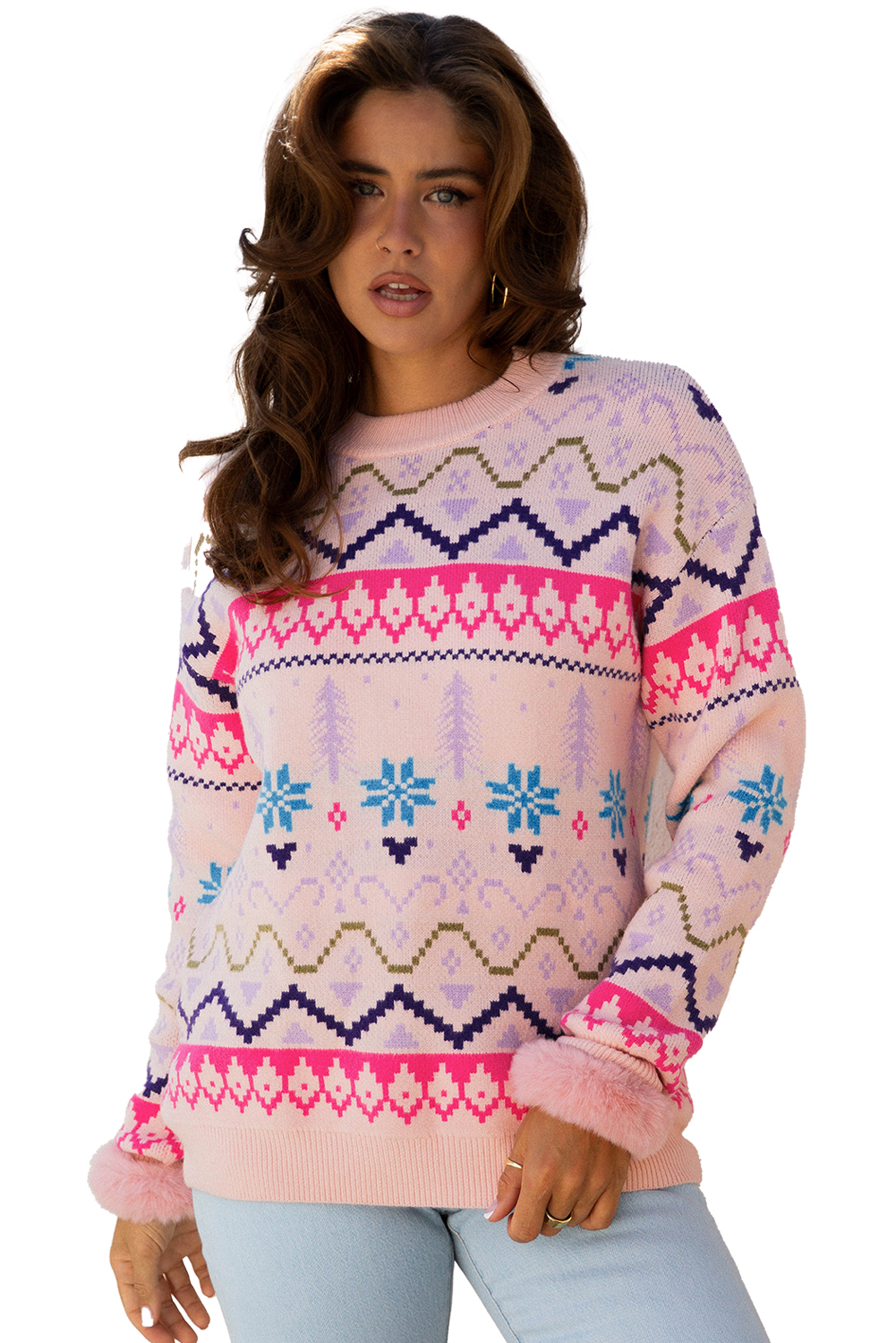 Multicolour Ethnic Christmas Pattern Knit Feather Cuffed Sweater - loveforevers