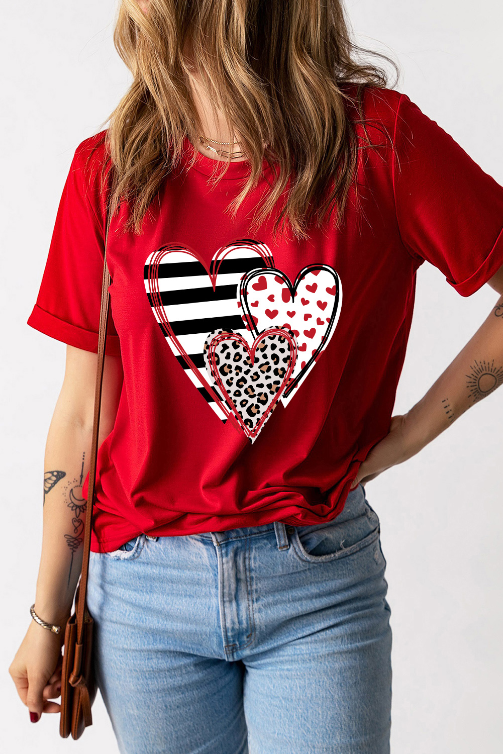 Red Leopard Striped Heart Shaped Print Crew Neck T Shirt - loveforevers