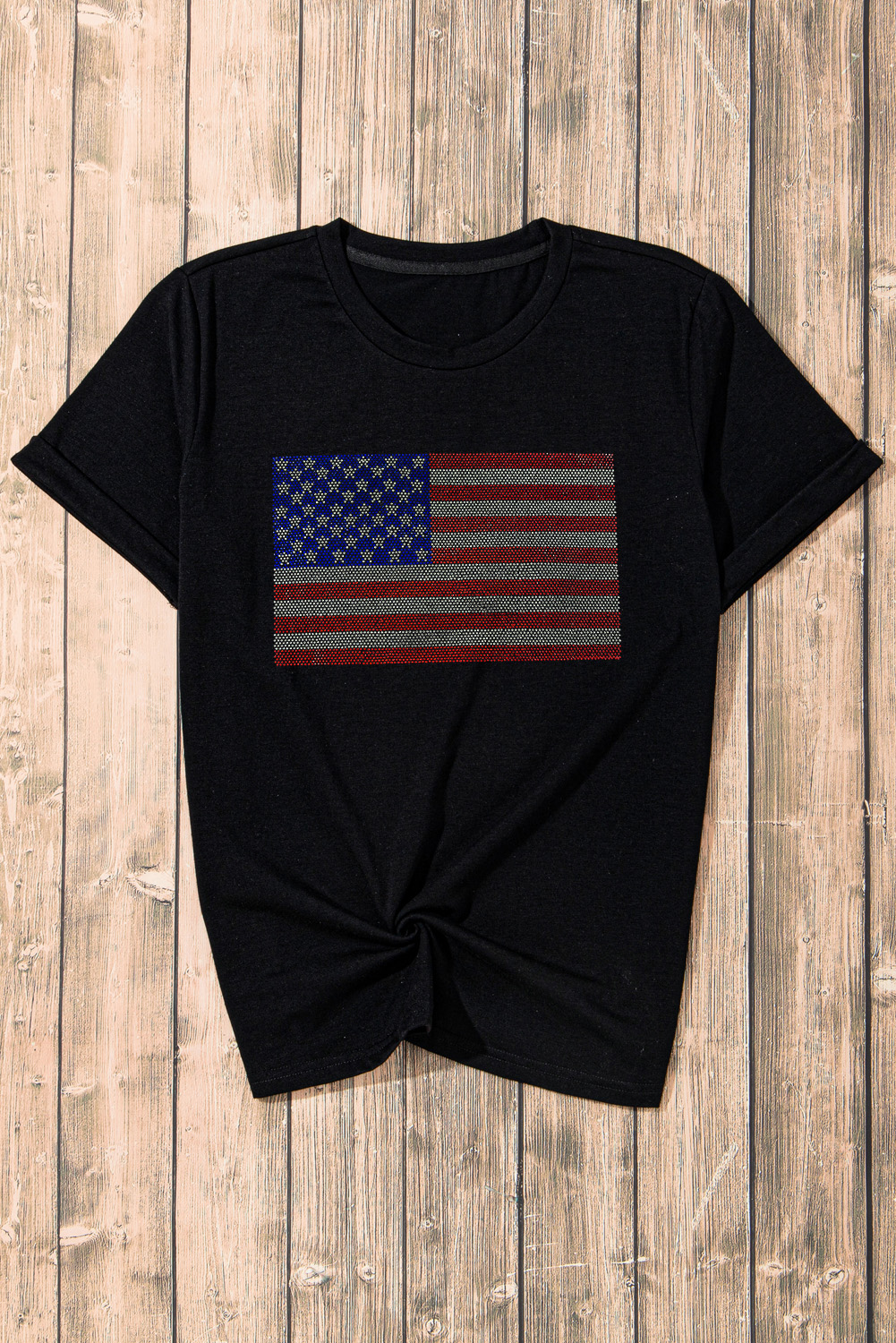 Black Rhinestone American Flag Round Neck Casual Tee - loveforevers