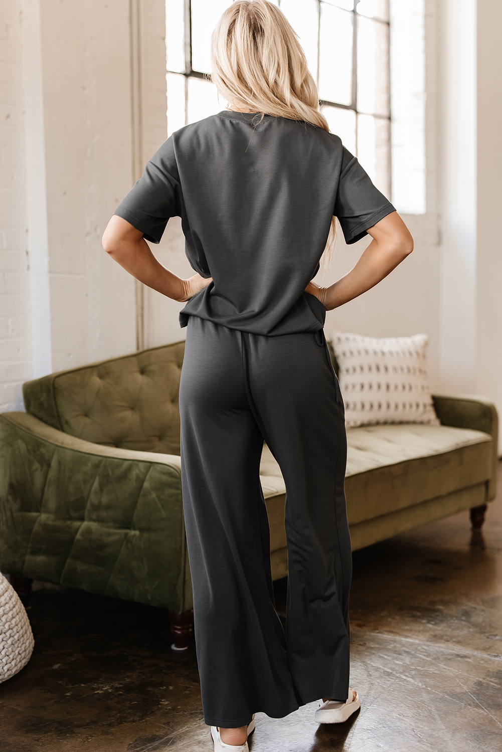 Dark Grey Drawstring Side Crewneck Tee and Loose Pants Set - loveforevers