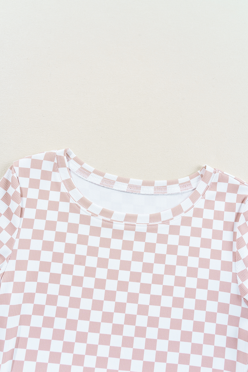 Pink Checkered Ribbed Slim Fit Crew Neck T Shirt - loveforevers