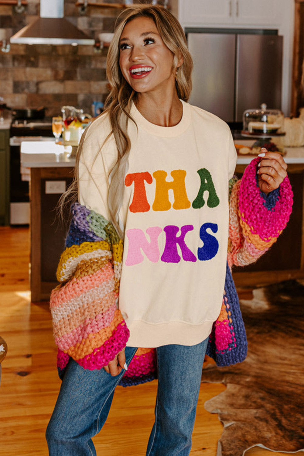 Apricot THANKS Chenille Embroidered Drop Shoulder Graphic Sweatshirt - loveforevers