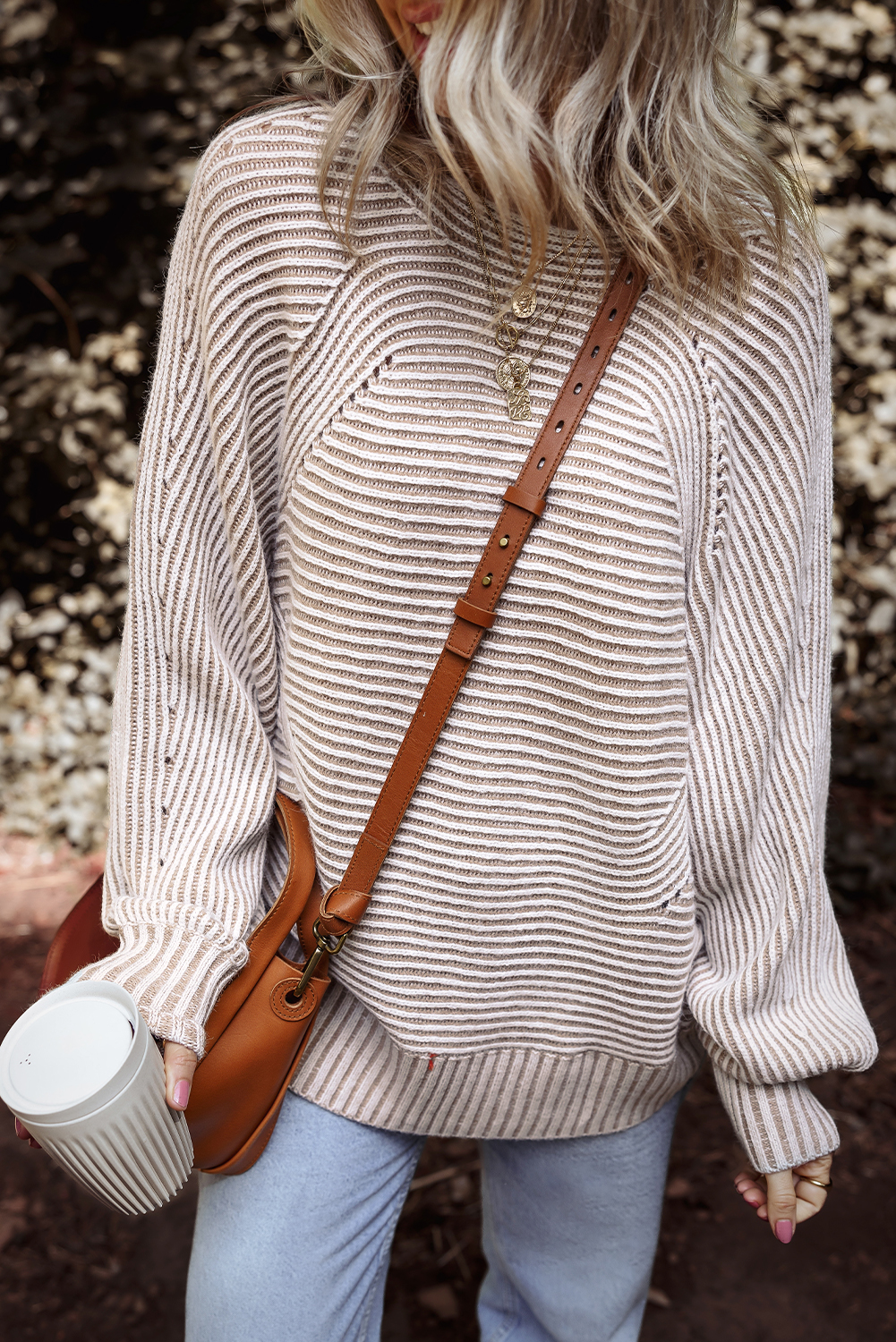 Coffee Striped Print Ribbed Knit Boat Neck Baggy Sweater - loveforevers