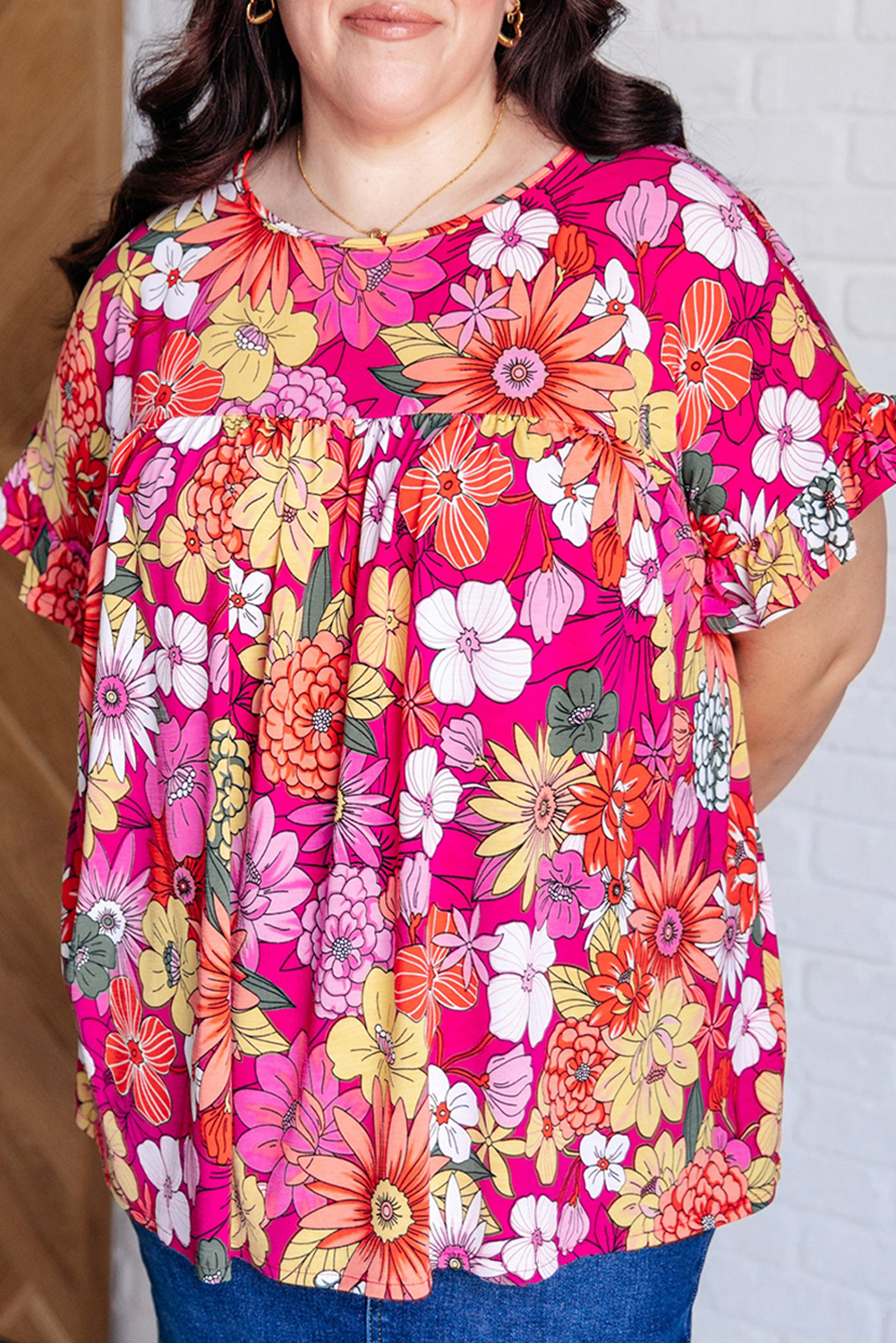 Rose Plus Size Floral Print Ruffle Short Sleeve Blouse - loveforevers