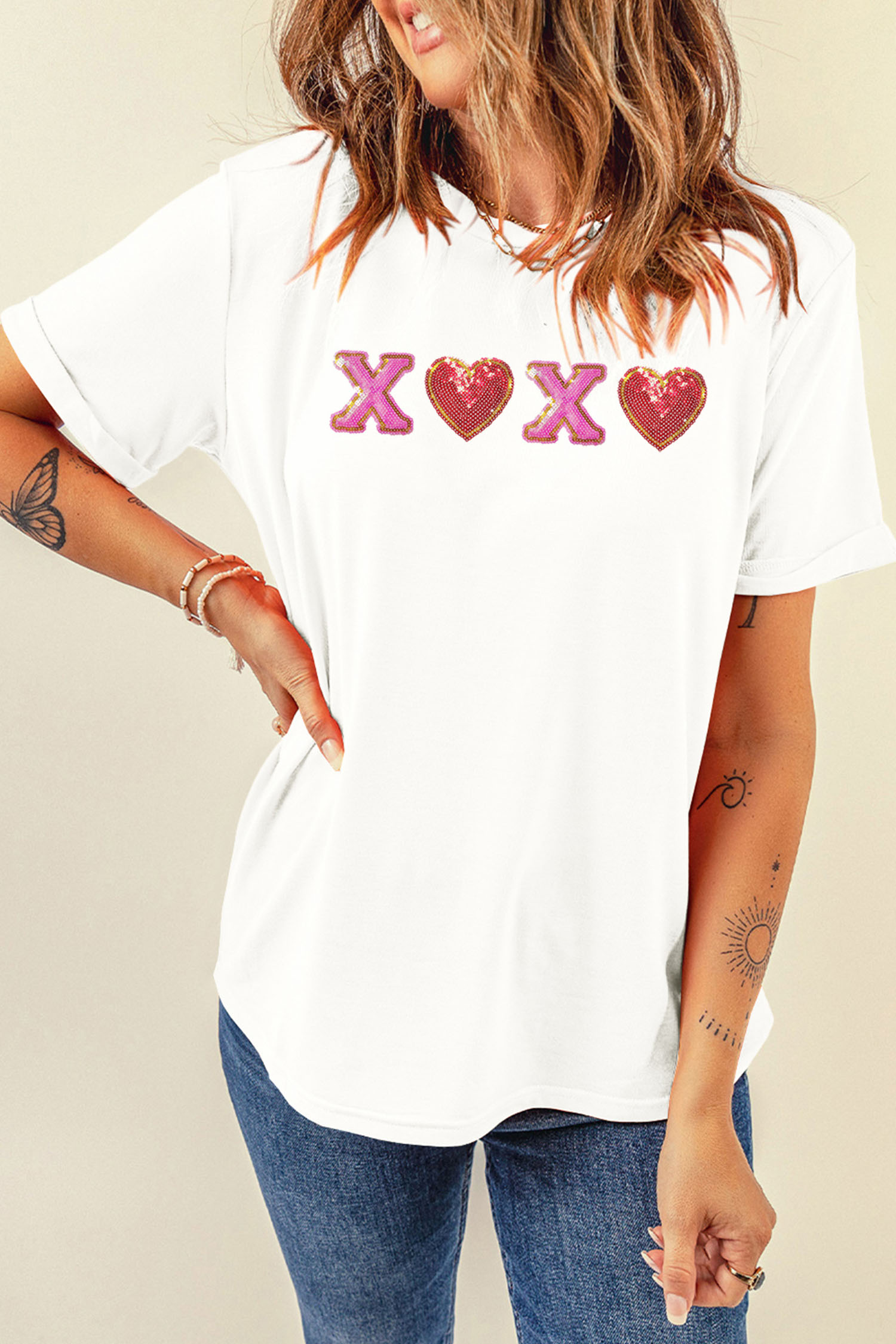 White XOXO Sequin Heart Patched Valentines Day Cuffed T Shirt - loveforevers