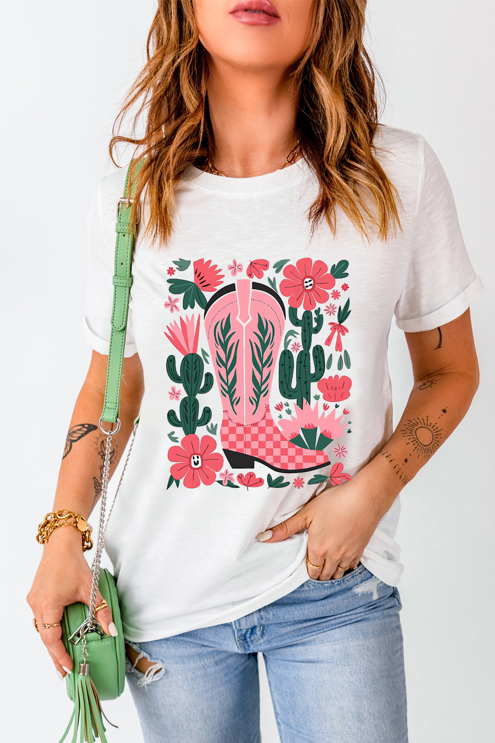 White Western Boots Flower Print Round Neck T Shirt - loveforevers