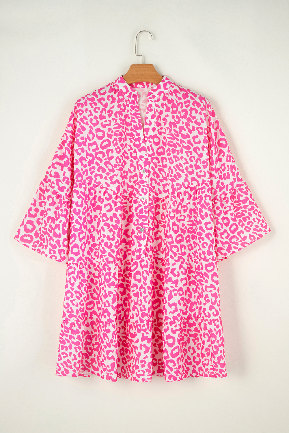 Bright Pink Leopard Printed Long Sleeve Buttoned Front Mini Dress - loveforevers