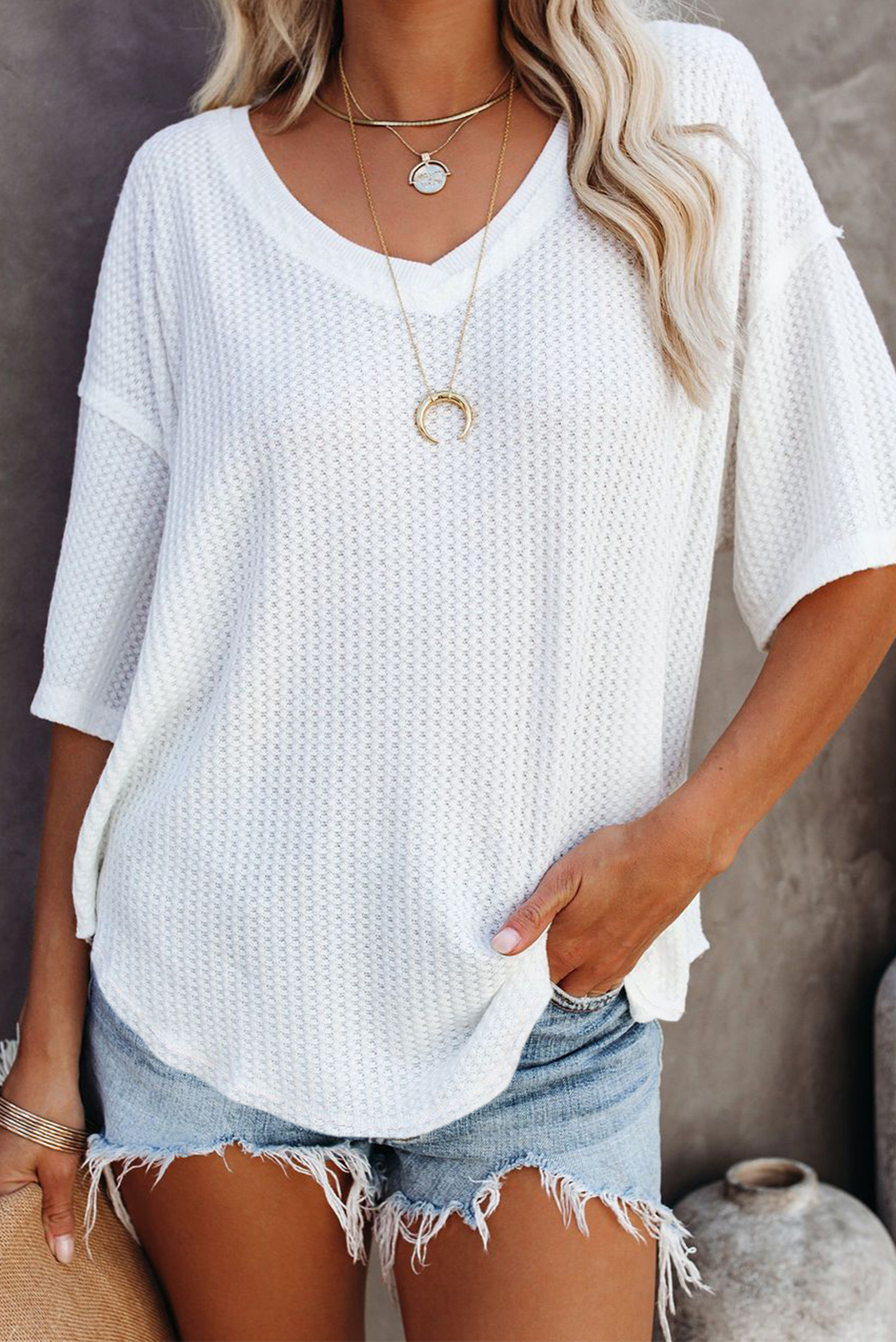 White Exposed Seam Half Sleeve Knitted V Neck Textured Top - loveforevers