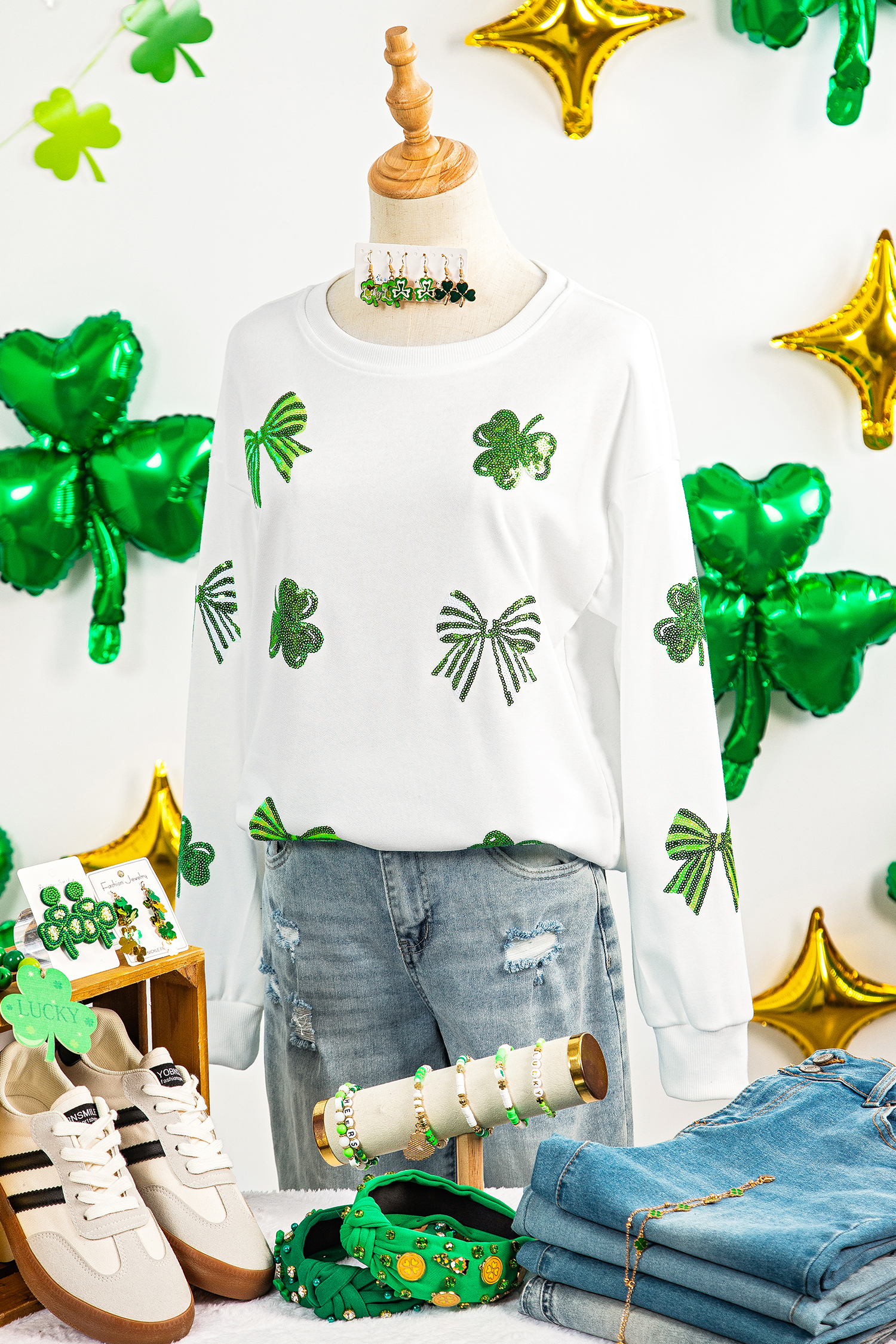 White LUCKY Clover Embroidered Long Sleeve Top - loveforevers