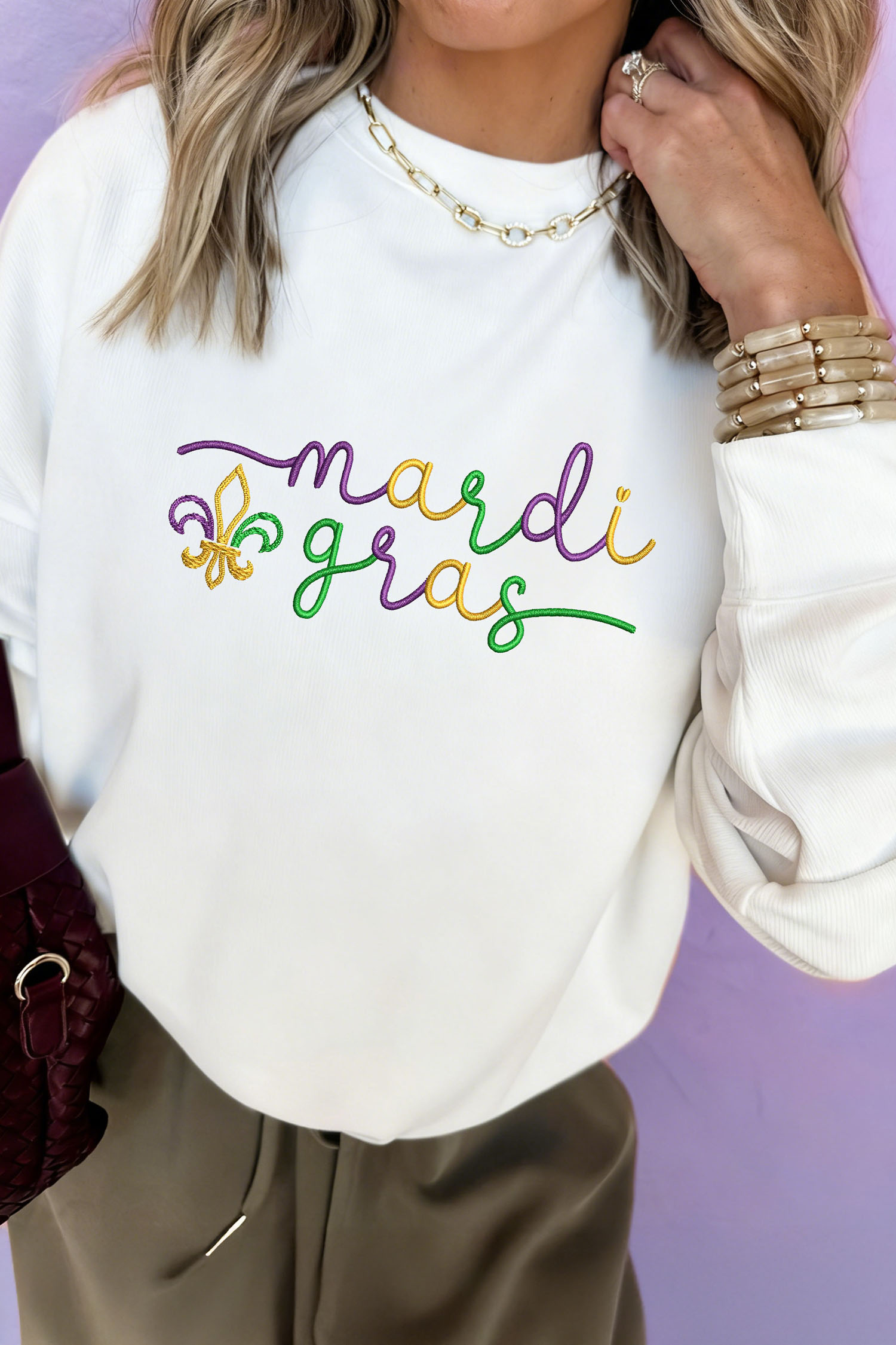 White mardi gras Fleur De Lis Embroidered Graphic Pullover Sweatshirt - loveforevers