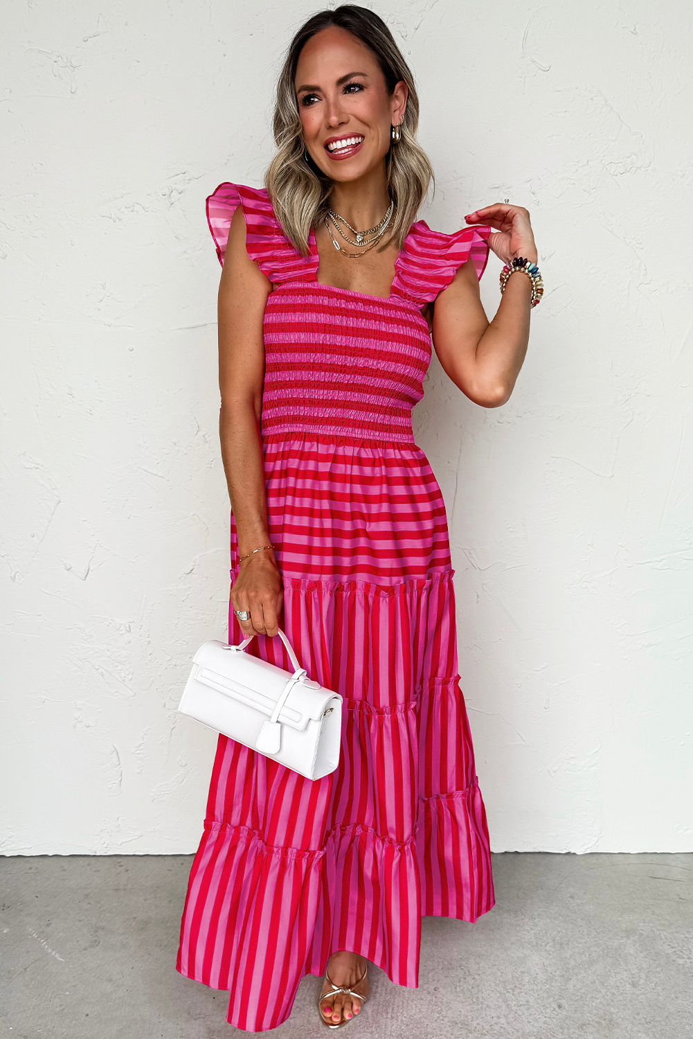 Rose Stripe Flutter Sleeve Smocked Bodice Tiered Maxi Dress - loveforevers