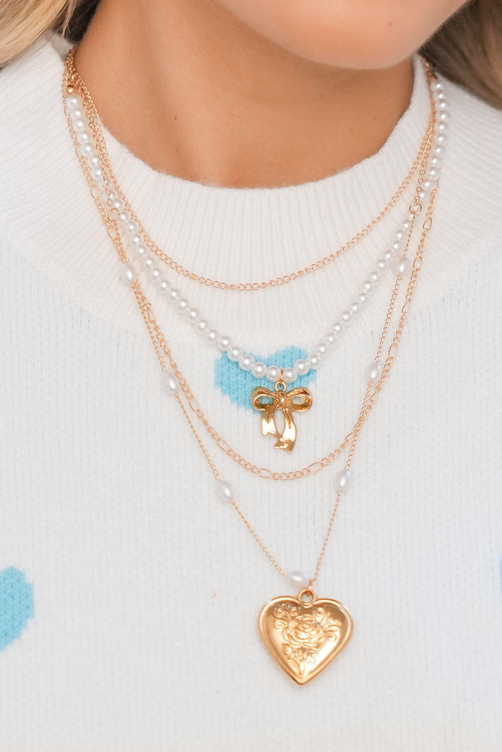 Gold Plated Bow Heart Pendant Pearl Beading Multilayer Necklace - loveforevers