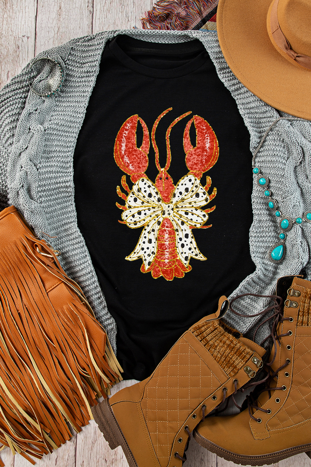 Black Dotty Bow Knot Crawfish Printed T Shirt - loveforevers