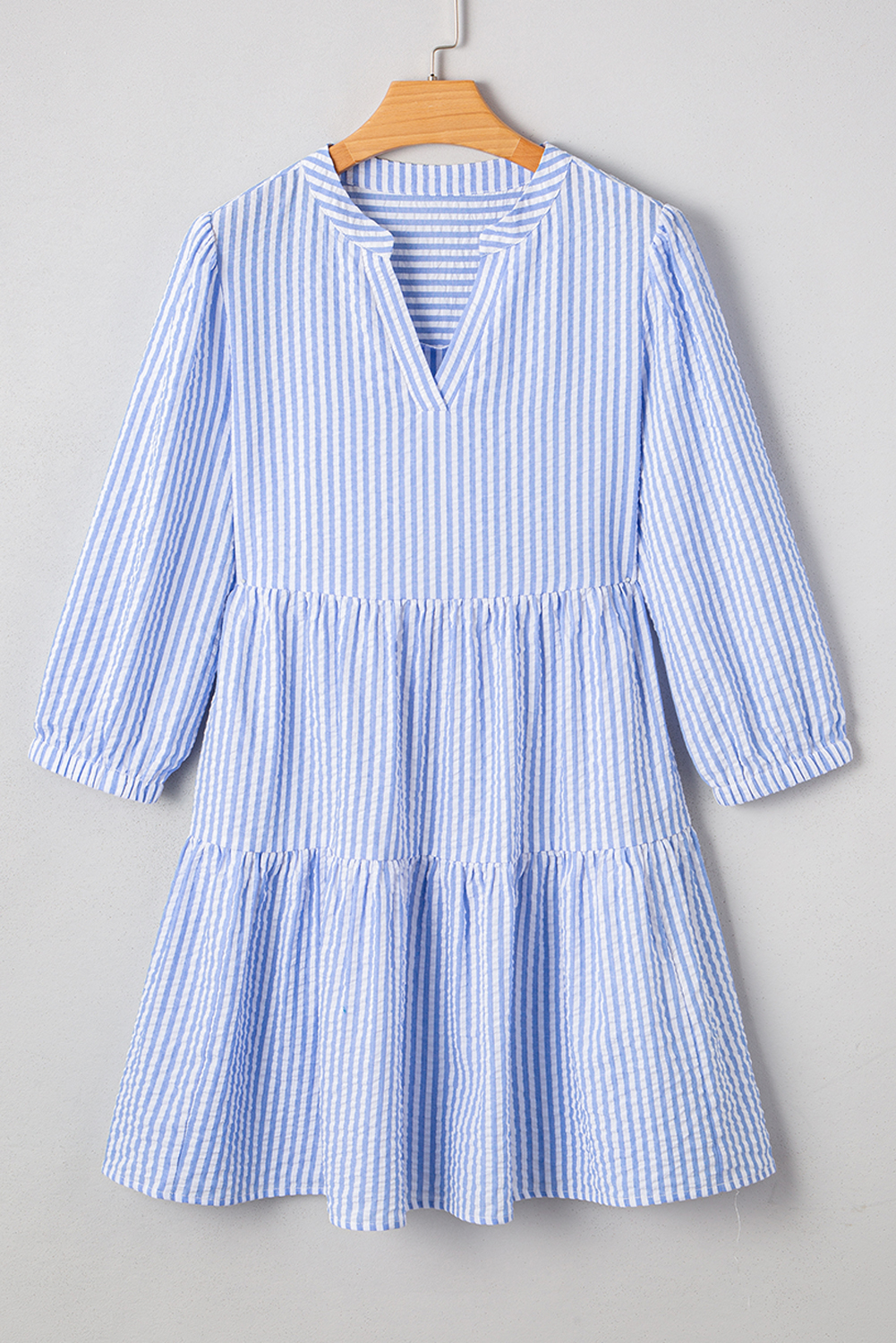 Sky Blue Stripe Bracelet Sleeve Tiered Shift Dress with Pockets - loveforevers