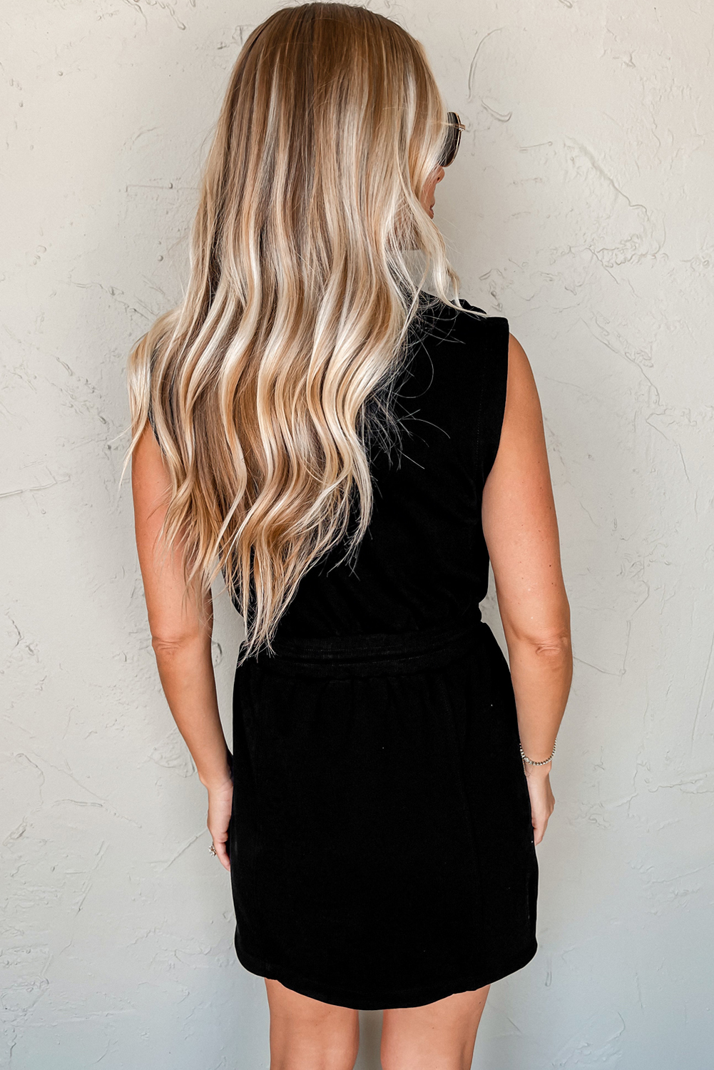 Black French Terry Zipped Collar Sleeveless Drawstring Waist Mini Dress - loveforevers