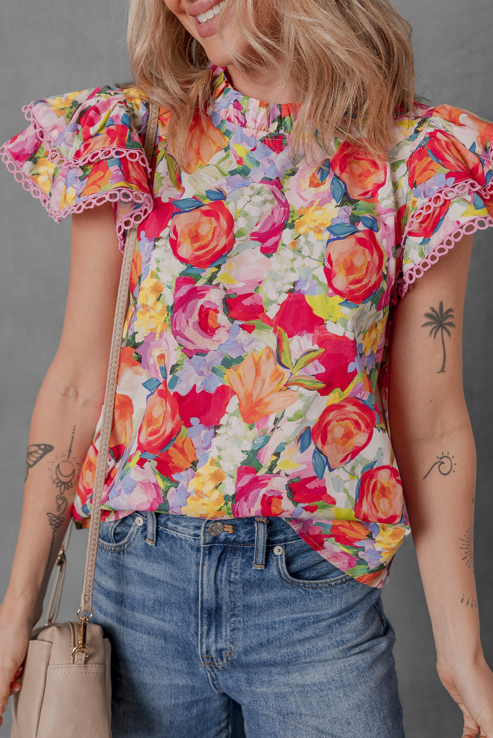 Multicolour Lace Trim Ruffle Short Sleeve Floral Blouse - loveforevers