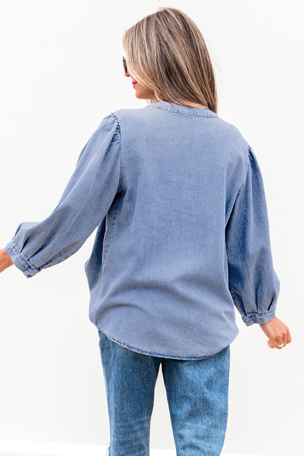 Myosotis Denim Front Pintuck Bow Tie Puff Sleeve Top - loveforevers