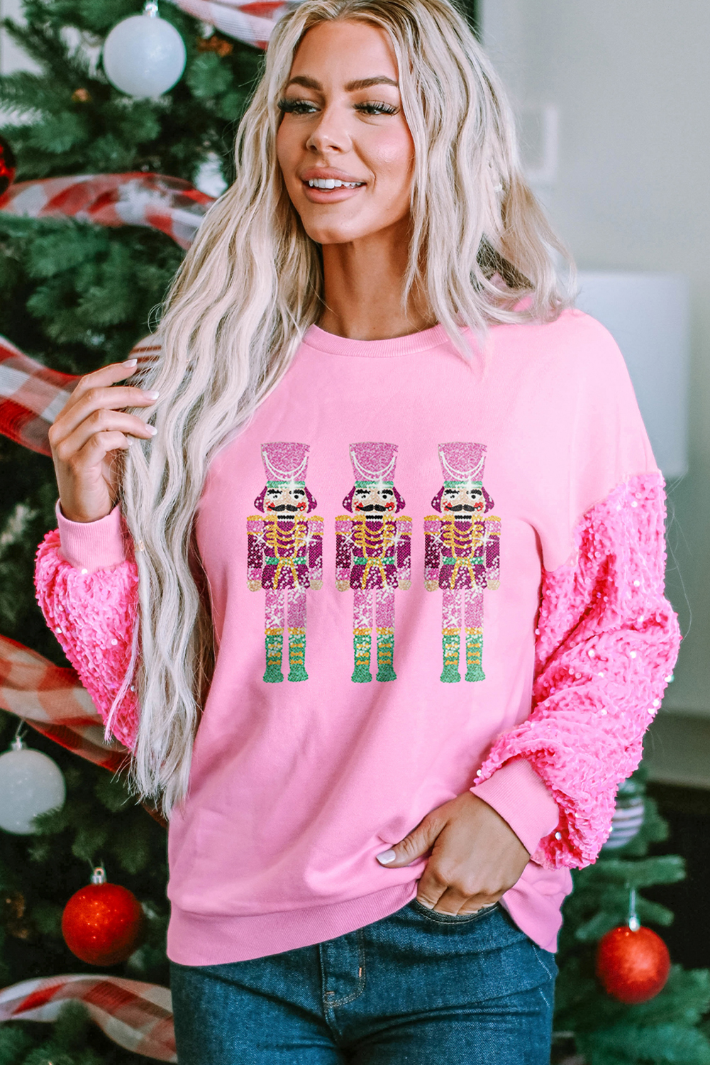Pink Shiny Father Christmas Graphic Sequin Long Sleeve Top - loveforevers