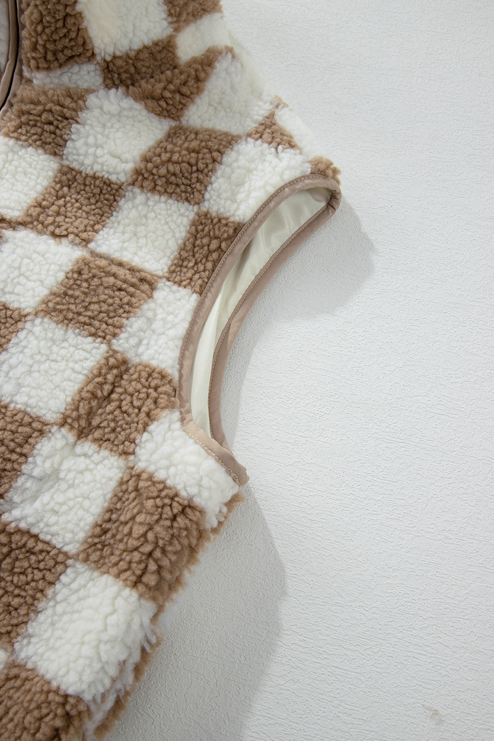 Khaki Checkered Sherpa Collared Jacket Vest - loveforevers