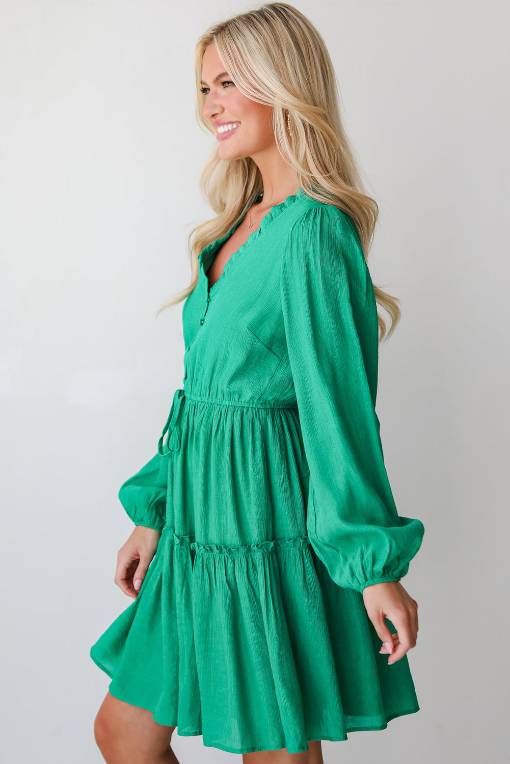 Sea Green Frilly V Neck Puff Sleeve Drawstring Shift Mini Dress - loveforevers