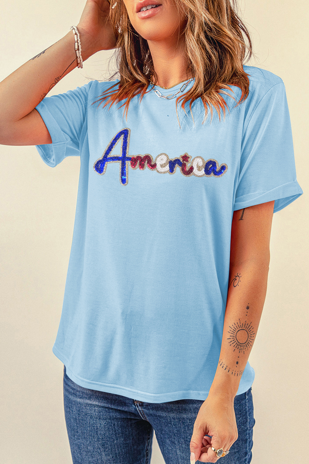 Light Blue Sequin America Graphic Crewneck Patriotic T Shirt - loveforevers