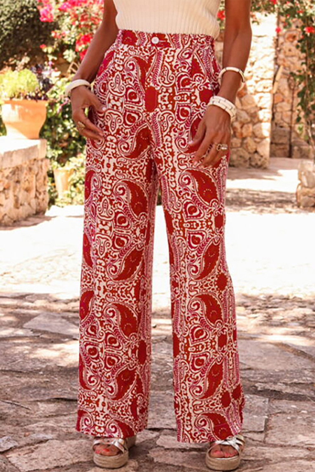 Red Paisley Printed Buttoned High Waist Straight Leg Pants - loveforevers