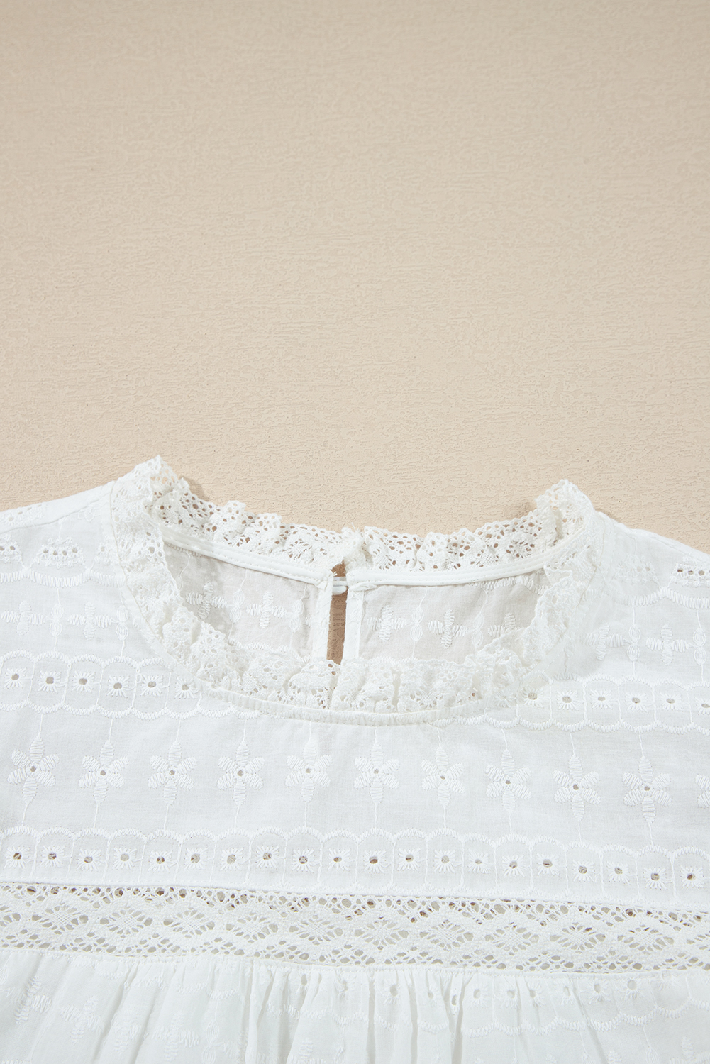 White Lace Neckline Flutter Sleeve Eyelets Blouse - loveforevers