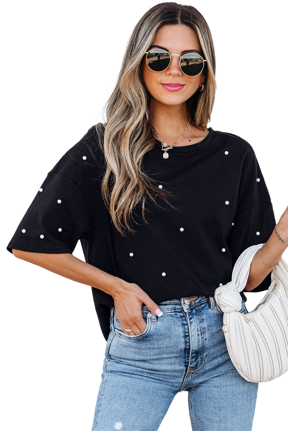Black Pearl Beaded  Drop Shoulder Crewneck T Shirt - loveforevers