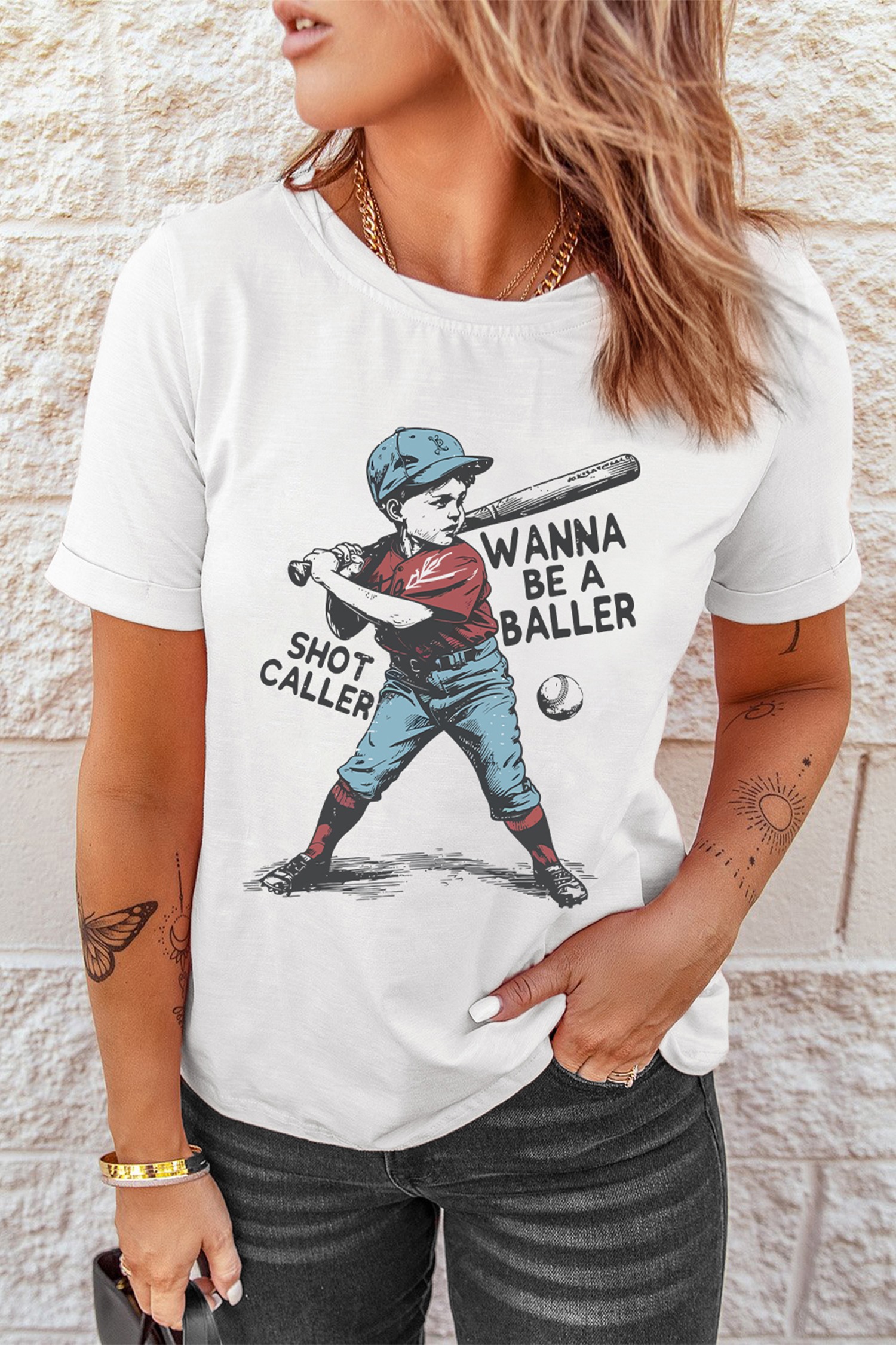 White SHOT CALLER WANNA BE A BALLER Casual Graphic Tee - loveforevers