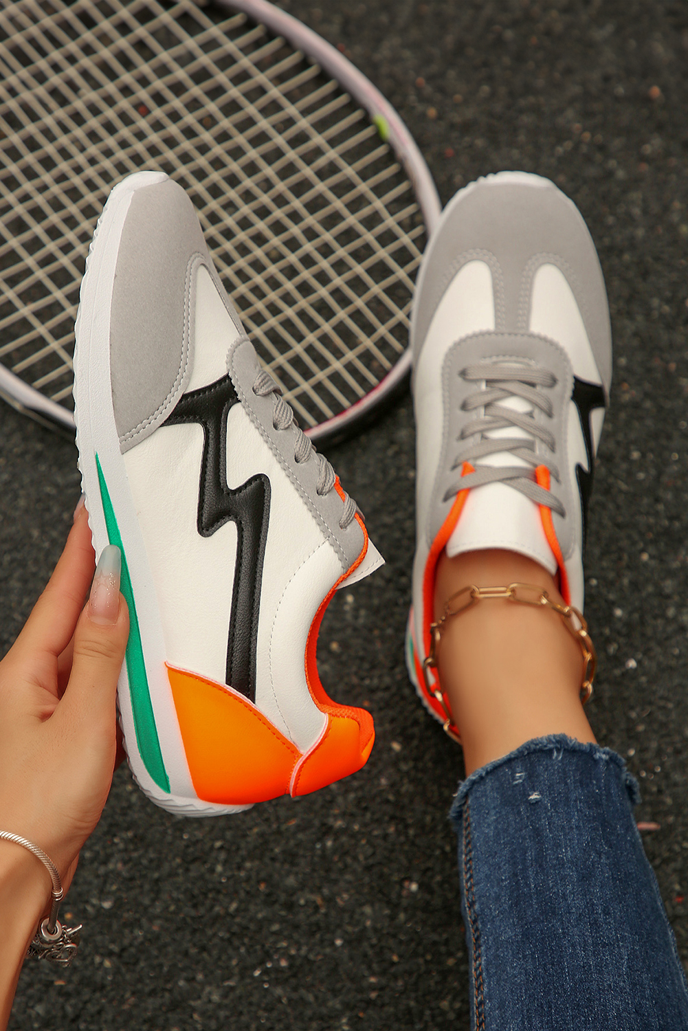 White PU Leather Color Block Patchwork Lace Up Sneakers - loveforevers
