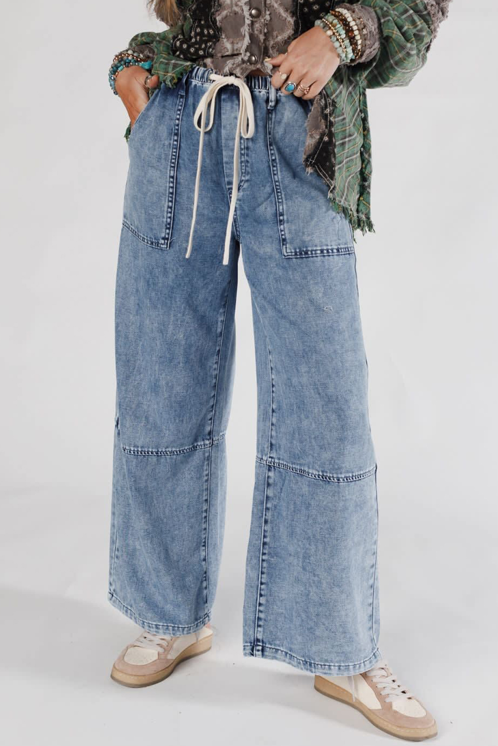 Ashleigh Blue Acid Wash Exposed Seam Drawstring Elastic Waistband Jeans - loveforevers