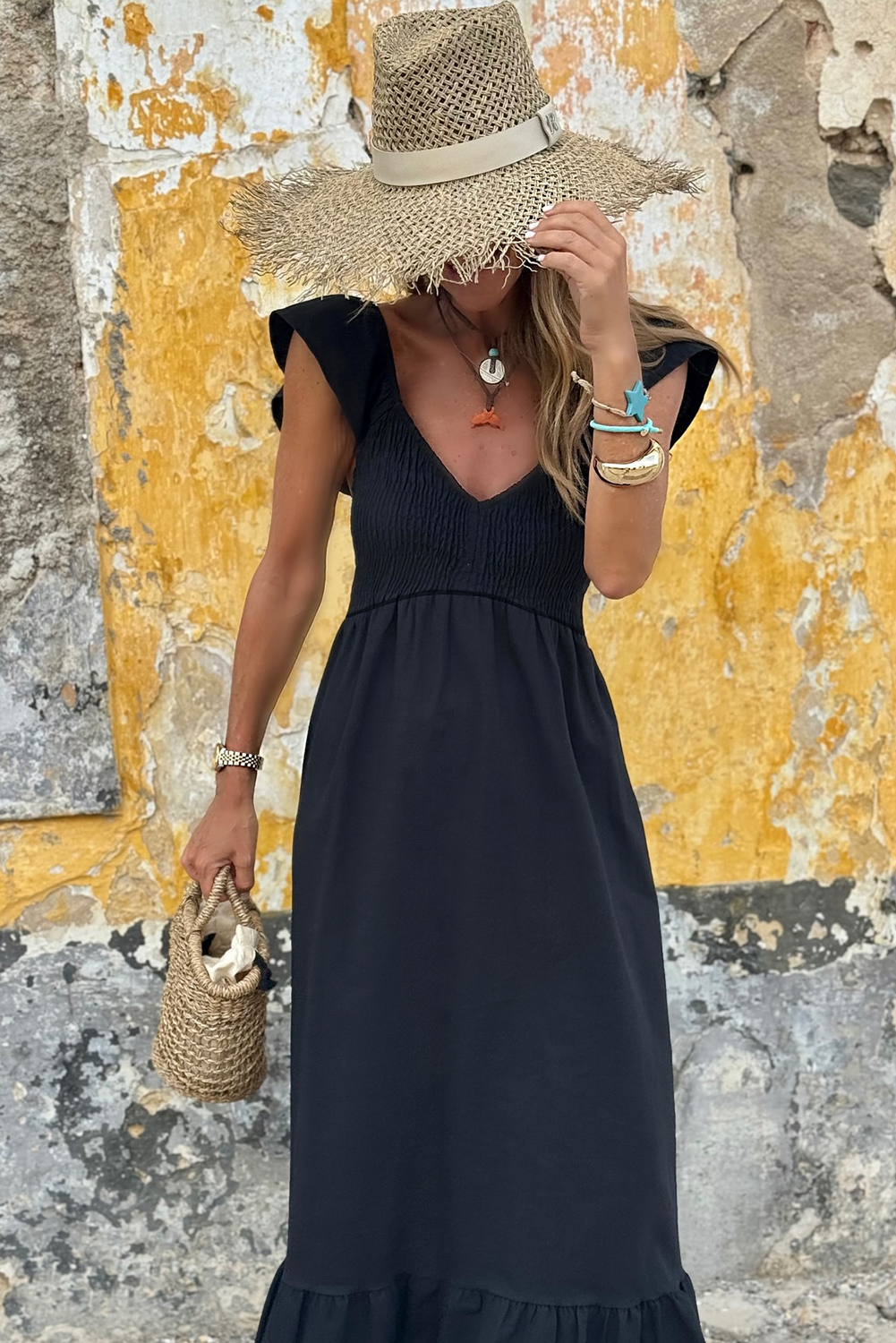 Black V Neck Flutter Sleeve Smocked Bodice High Waist Ruffle Maxi Dress - loveforevers