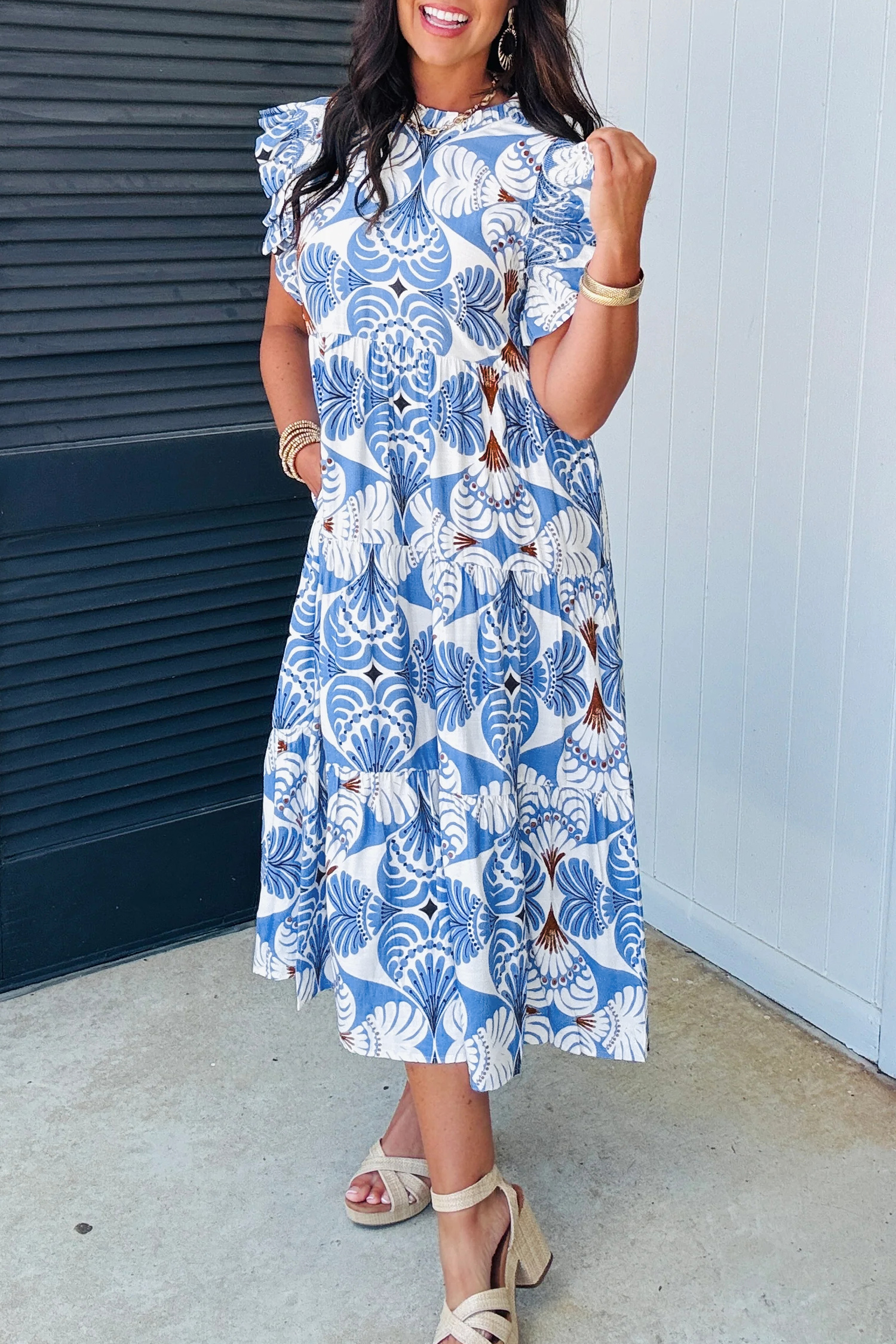 Sky Blue Tropical Botanic Print Flutter Sleeve Vacation Long Dress - loveforevers