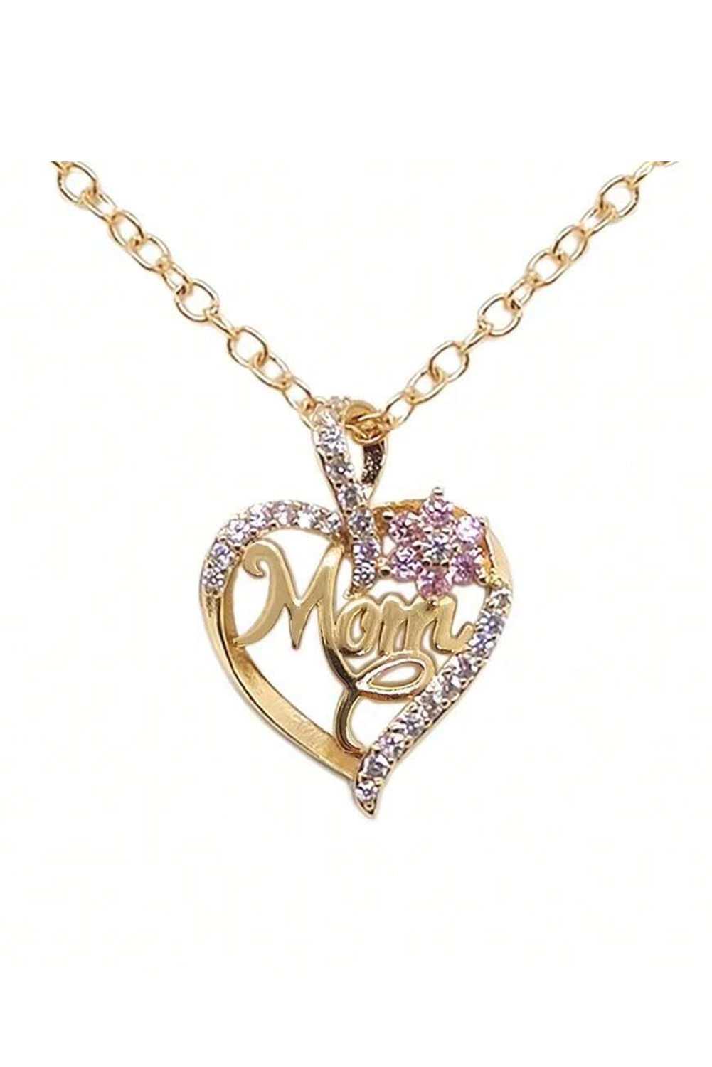 Gold Mom Rhinestone Flower Hollow-out Heart Necklace - loveforevers
