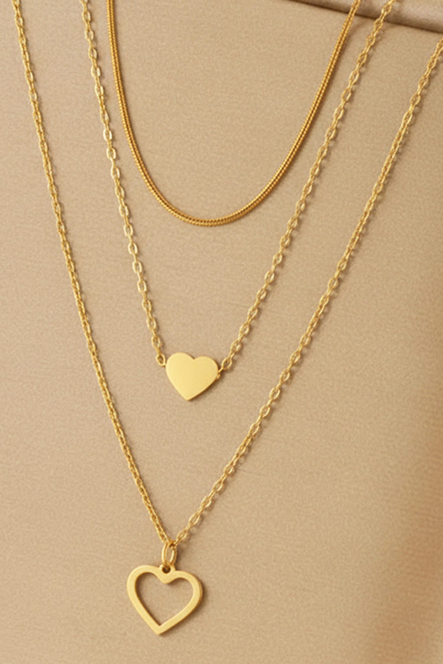 Gold Plated Triple Layered Heart Necklace Set - loveforevers