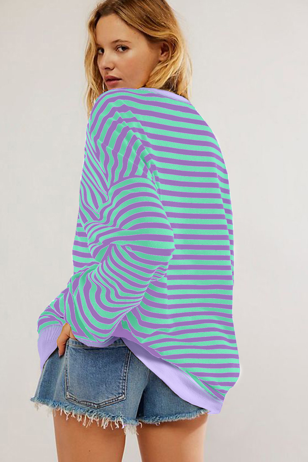 Red Stripe Contrast Ribbed Trim Crossed Stitch Drop Shoulder Sweatshirt - loveforevers