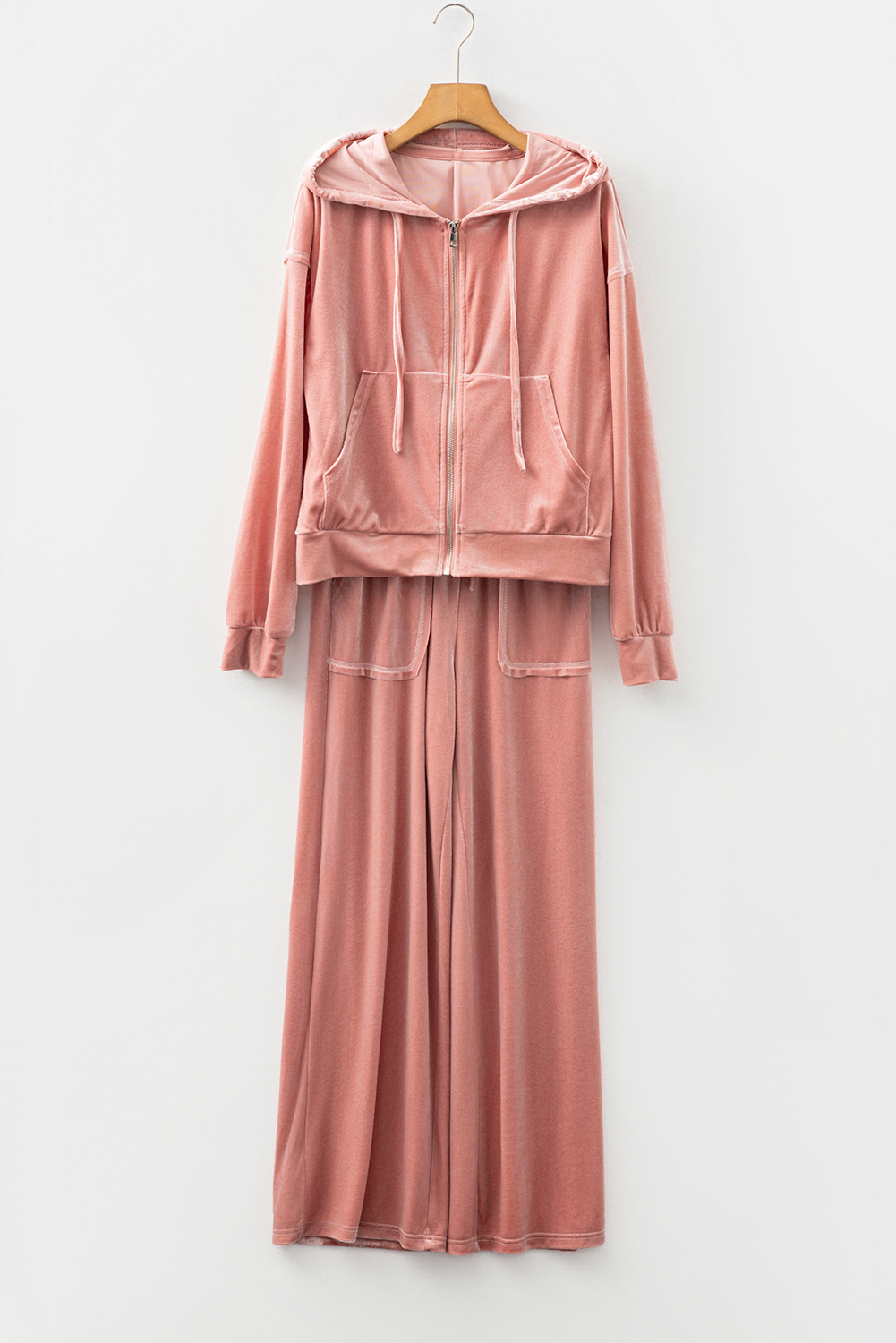 Peach Blossom Velvet Zip-up Hoodie and Wide Leg Pants Set - loveforevers