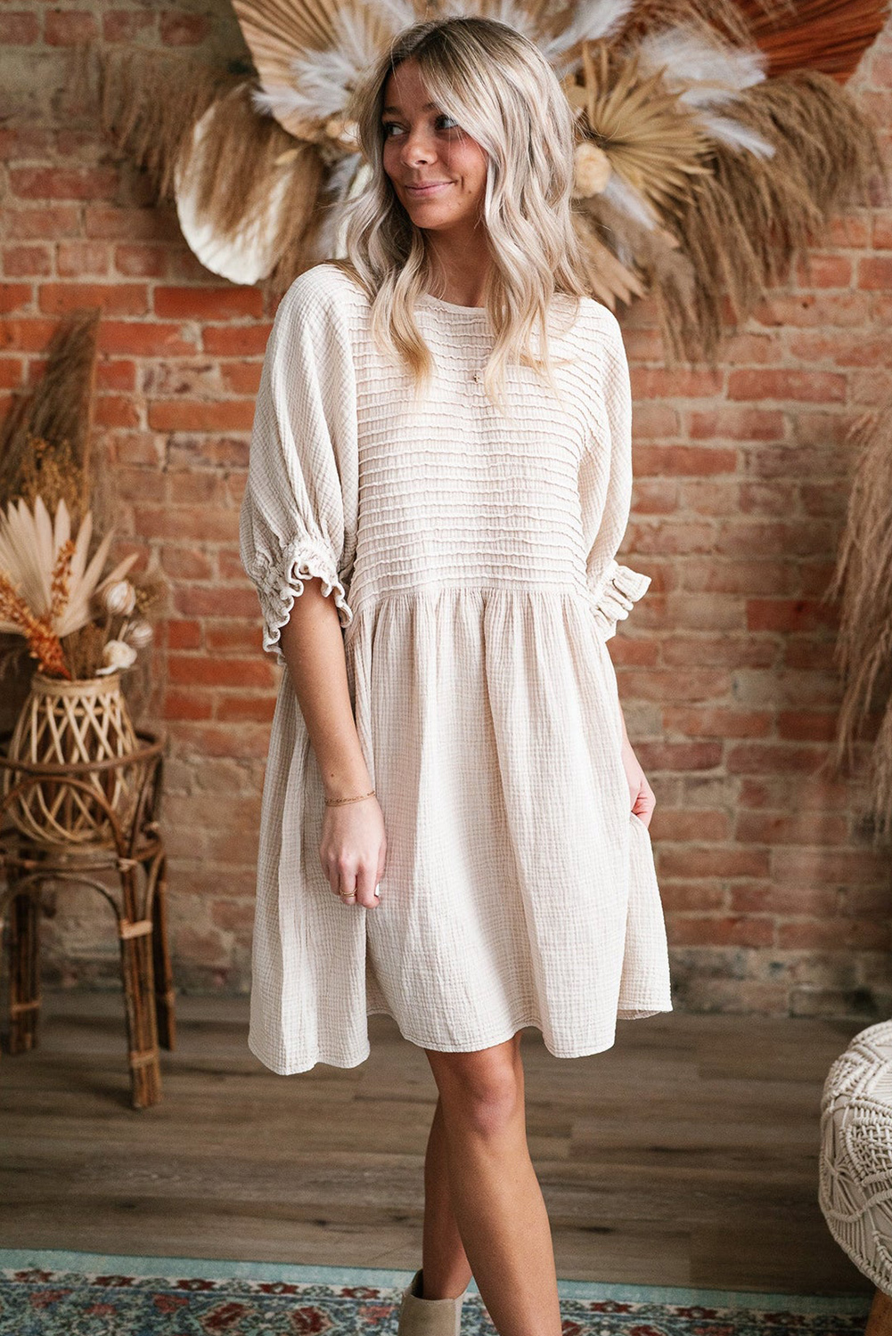 White Textured Ruffled Puff Sleeve Loose Dress - loveforevers