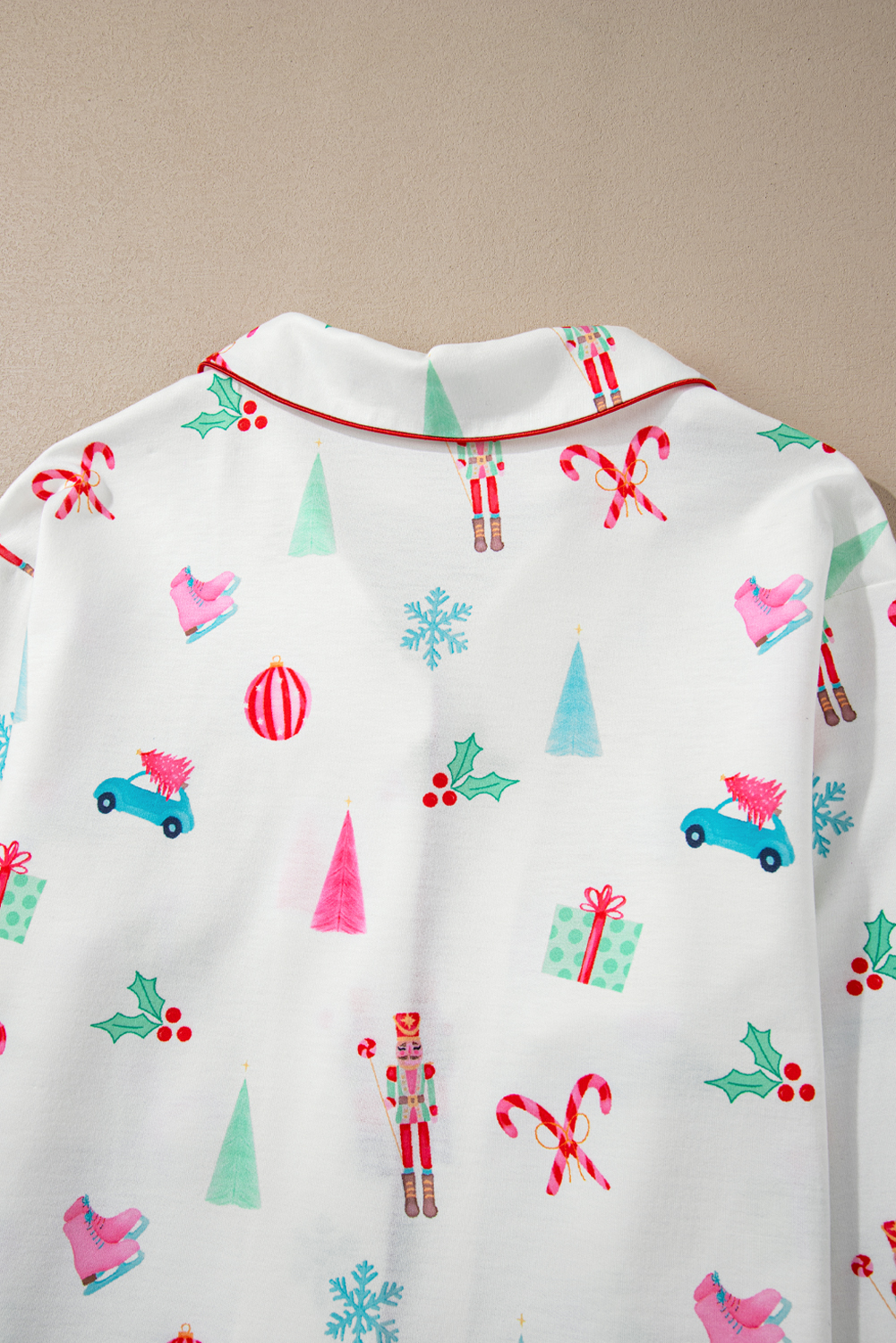 White Christmas Print Lapel Shirt and Pants Sleepwear - loveforevers