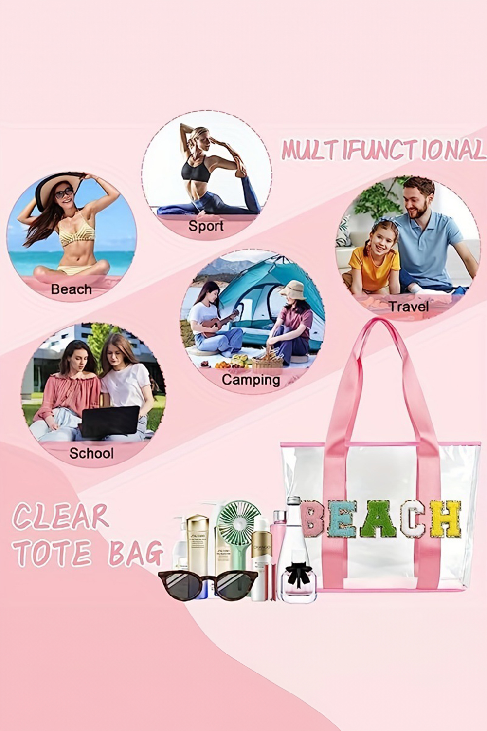 Pink BEACH Chenille Patched Large Clear PVC Shoulder Bag - loveforevers