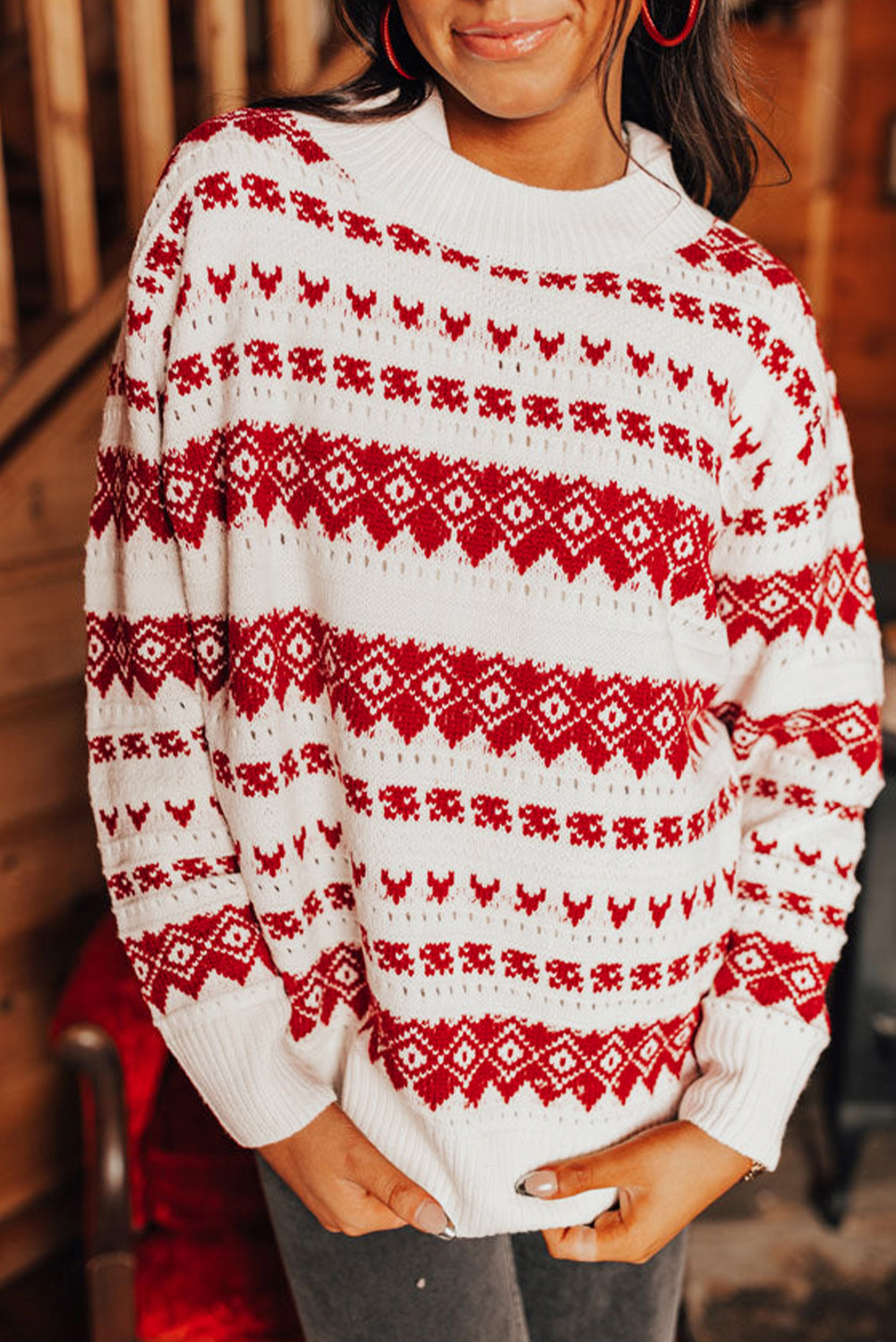 White Western Geometric Patterned Crew Neck Loose Sweater - loveforevers