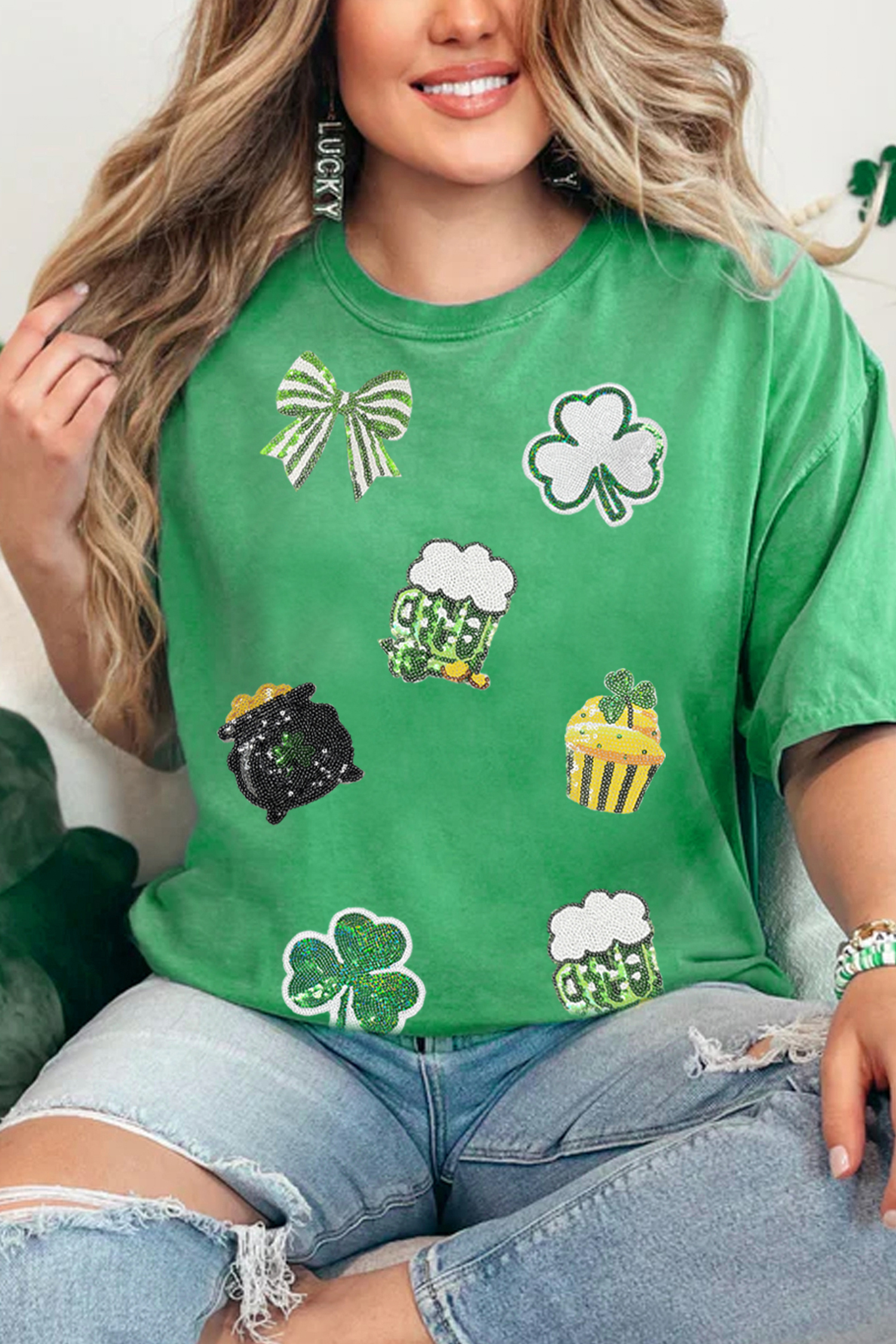 Bright Green Dainty Irish Fashion Sequin Graphic Tee - loveforevers