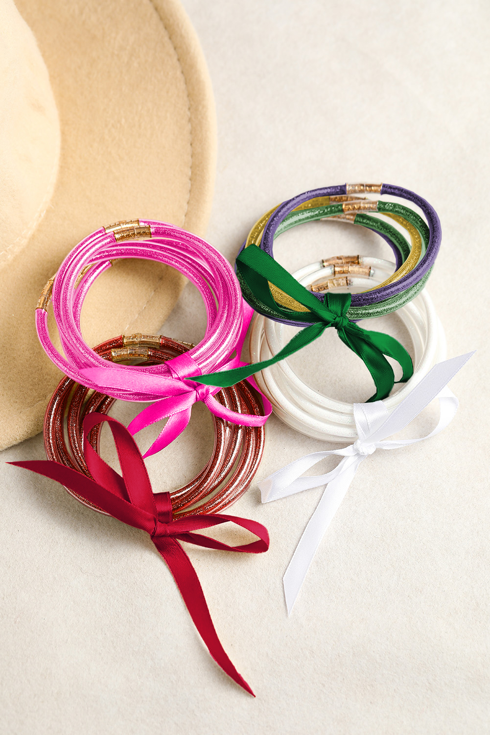 Green 5pcs Glitter Jelly Bow Knot Ribbon Bracelet Set - loveforevers