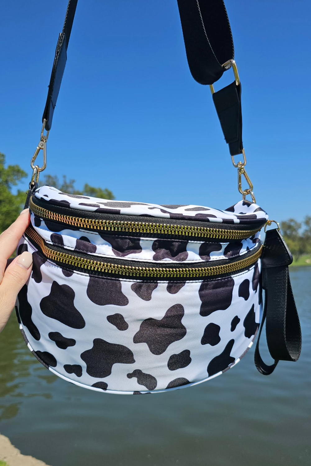 Jungle Green Double Zip Crescent Shape Adjustable Sling Bag - loveforevers