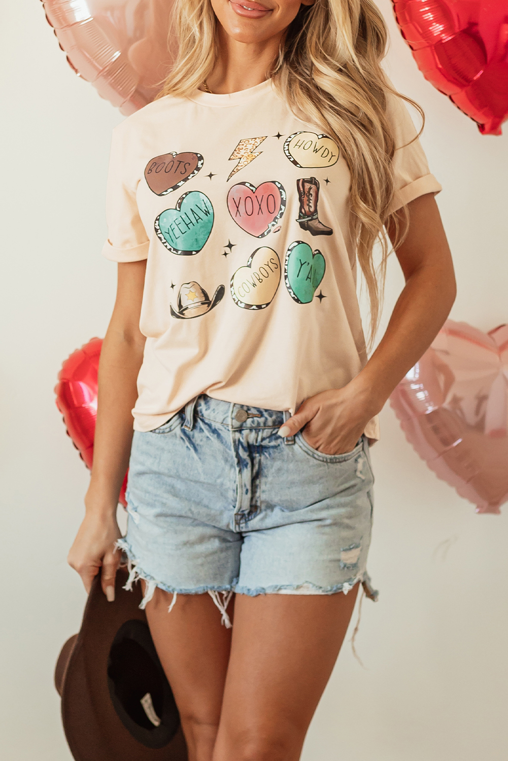 Red Leopard Striped Heart Shaped Print Crew Neck T Shirt - loveforevers